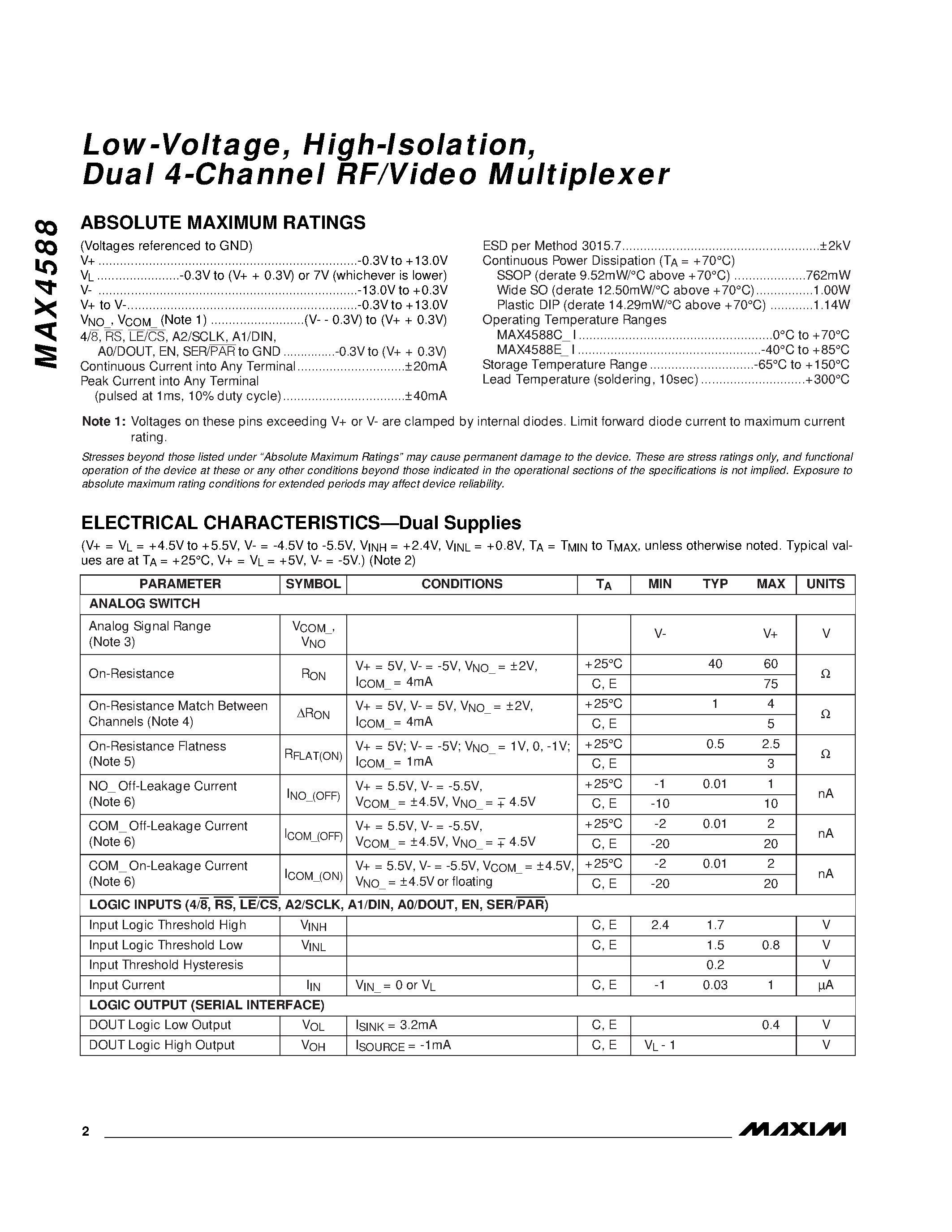Datasheet MAX4588 - Low-Voltage / High-Isolation / Dual 4-Channel RF/Video Multiplexer page 2