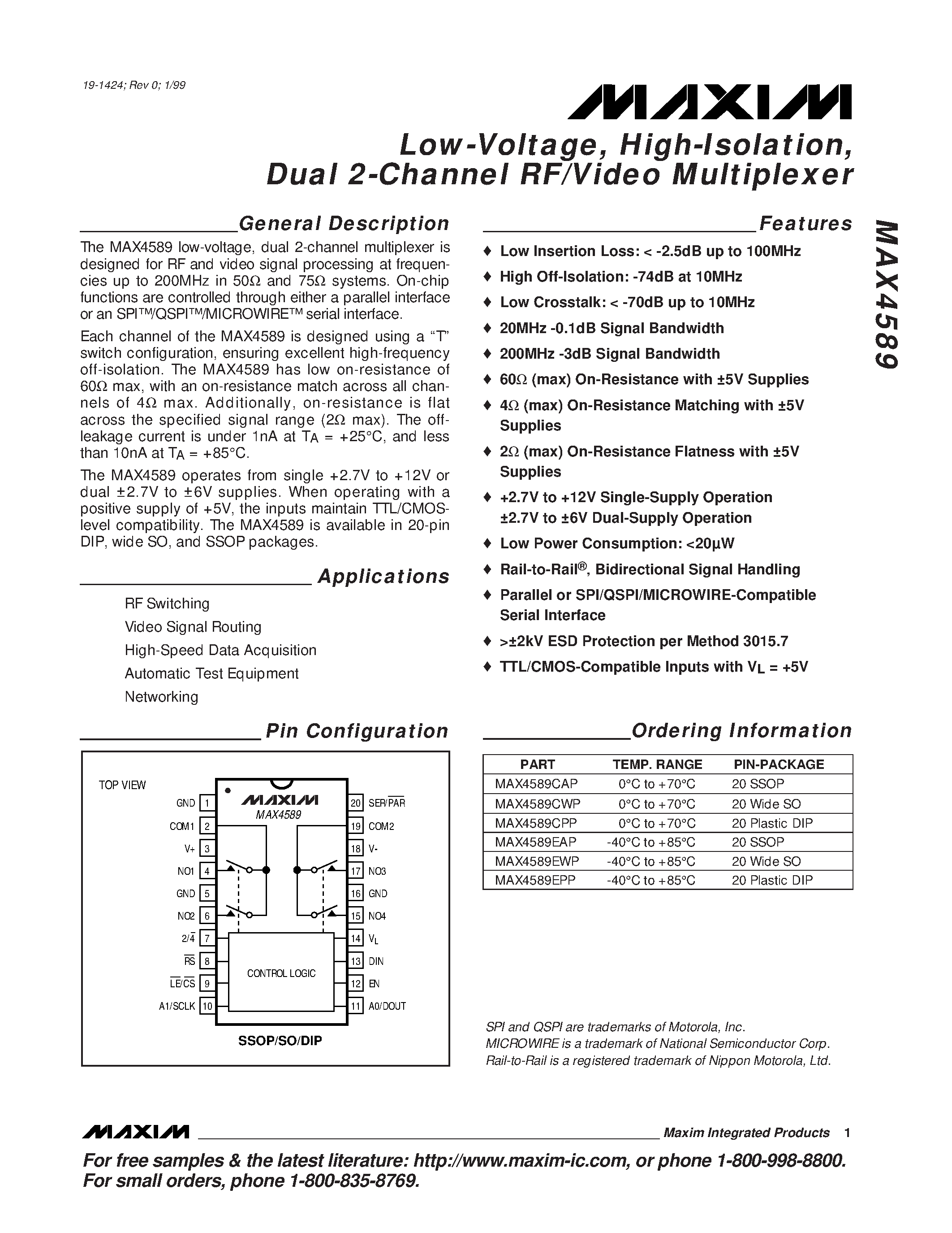 Datasheet MAX4589 - Low-Voltage / High-Isolation / Dual 2-Channel RF/Video Multiplexer page 1