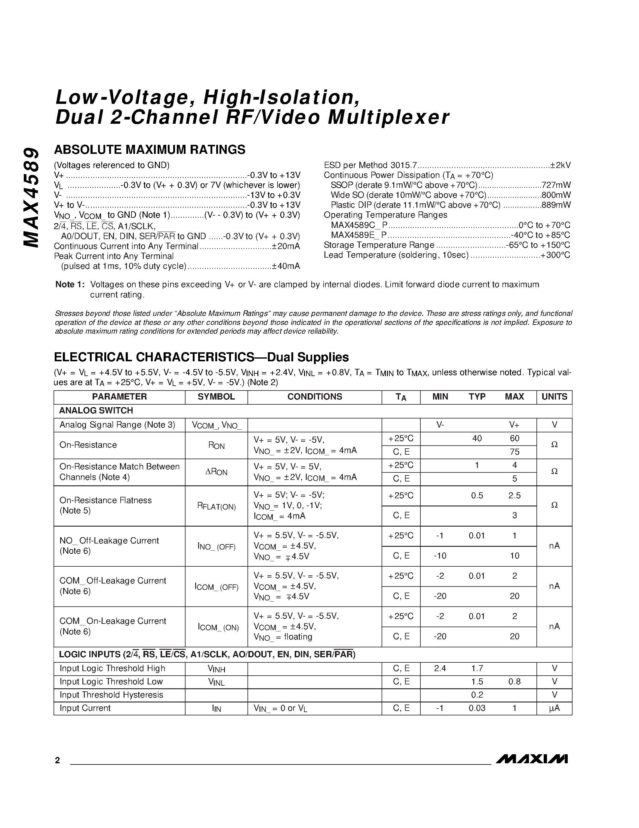 Datasheet MAX4589 - Low-Voltage / High-Isolation / Dual 2-Channel RF/Video Multiplexer page 2