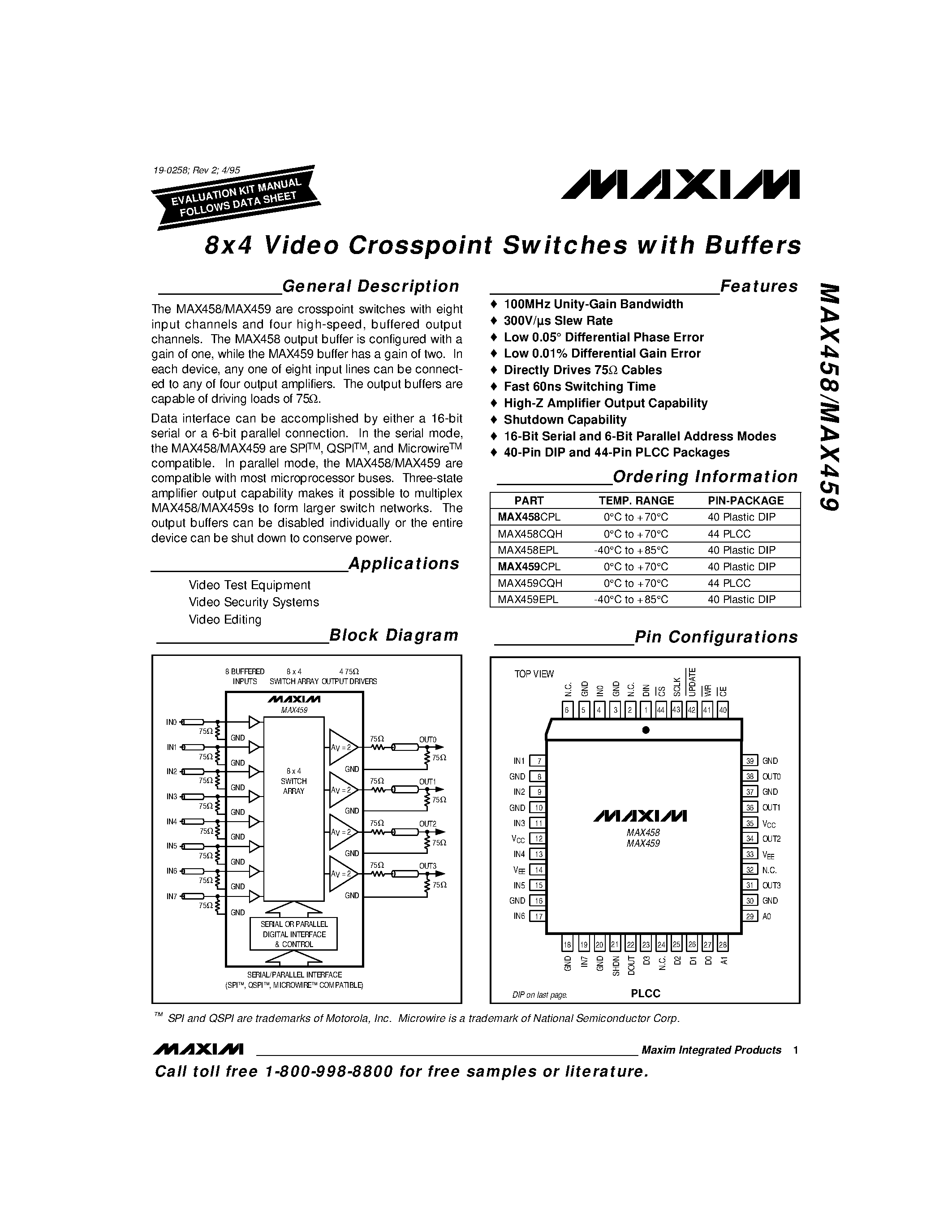 Datasheet MAX459 page 1 Datasheet MAX459 - 8x4 Video Crosspoint Switches with Buffers page 1