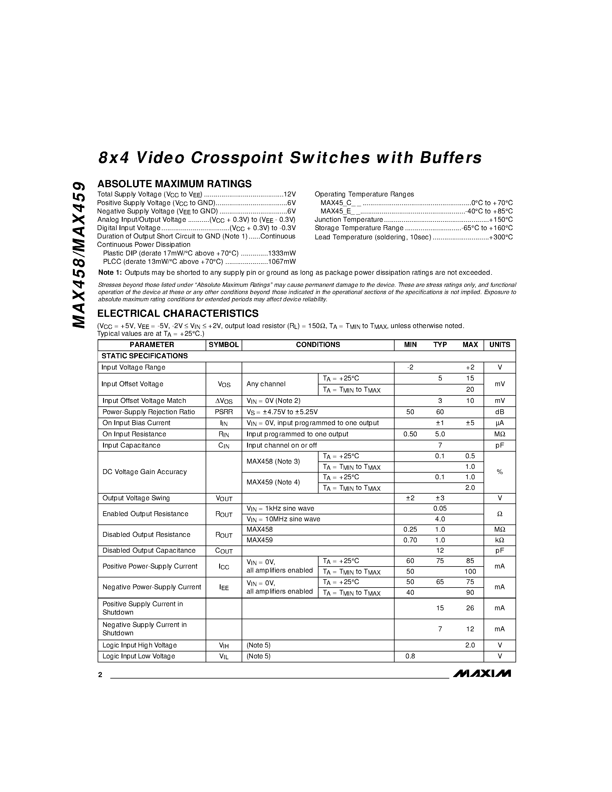 Datasheet MAX459 page 2 Datasheet MAX459 - 8x4 Video Crosspoint Switches with Buffers page 2
