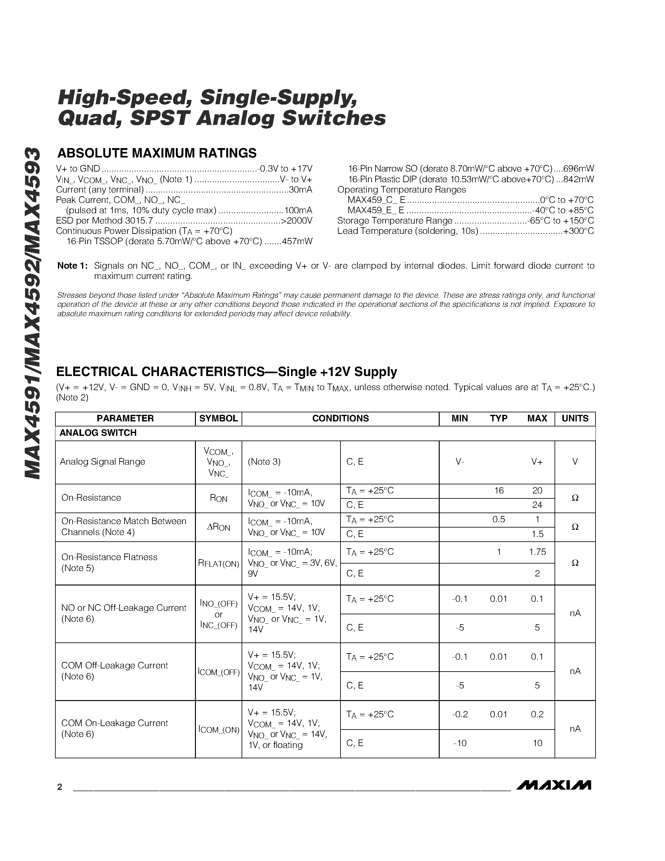 Datasheet MAX4592CUE - High-Speed / Single-Supply / Quad / SPST Analog Switches page 2