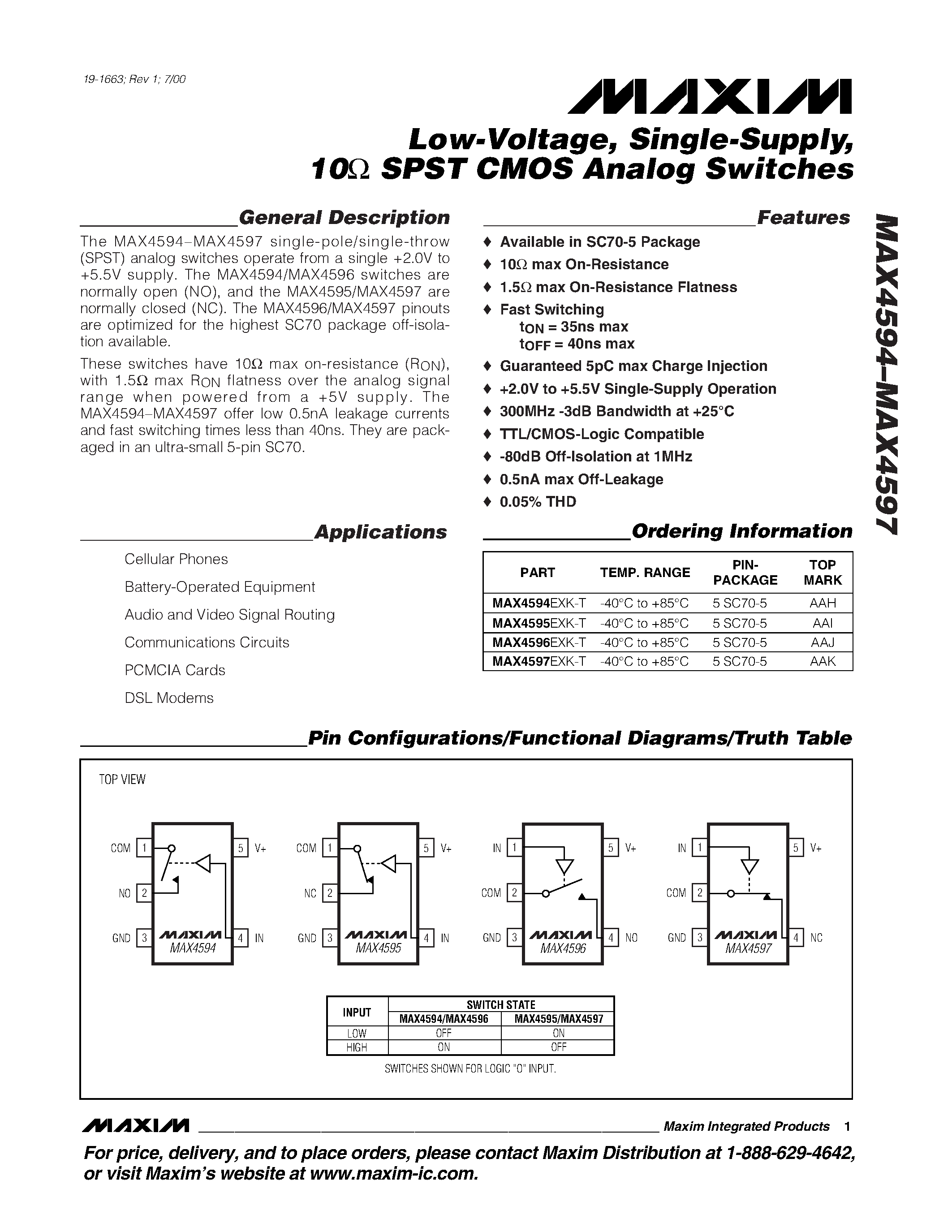 Datasheet MAX4594-MAX4597 - Low-Voltage / Single-Supply / 10 SPST CMOS Analog Switches page 1