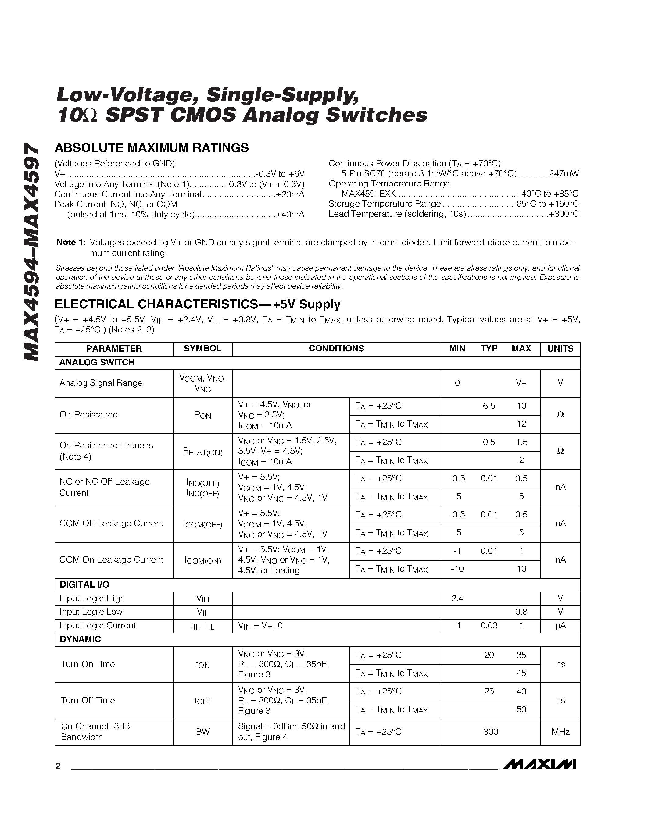 Datasheet MAX4595EXK-T page 2 Datasheet MAX4595EXK-T - Low-Voltage / Single-Supply / 10 SPST CMOS Analog Switches page 2