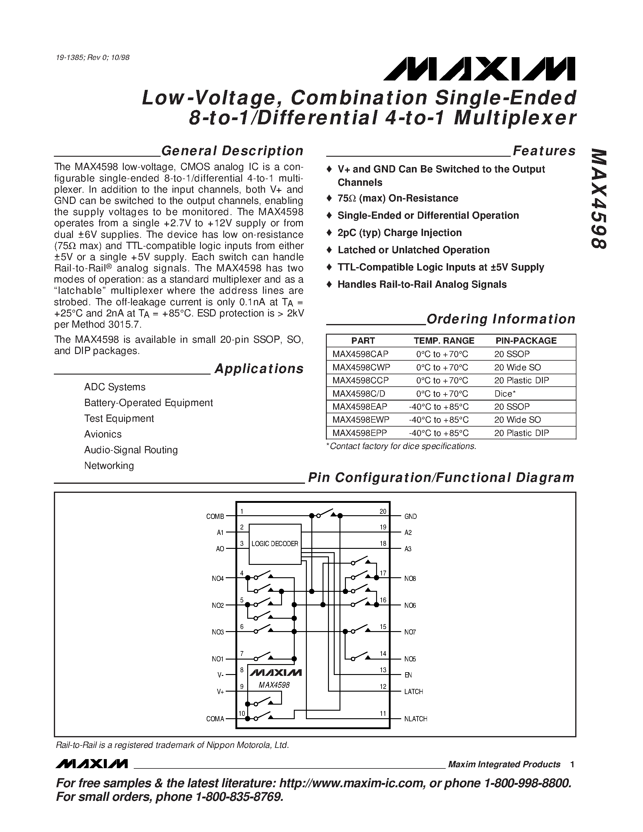 Datasheet MAX4598CCP - Low-Voltage / Combination Single-Ended 8-to-1/Differential 4-to-1 Multiplexer page 1