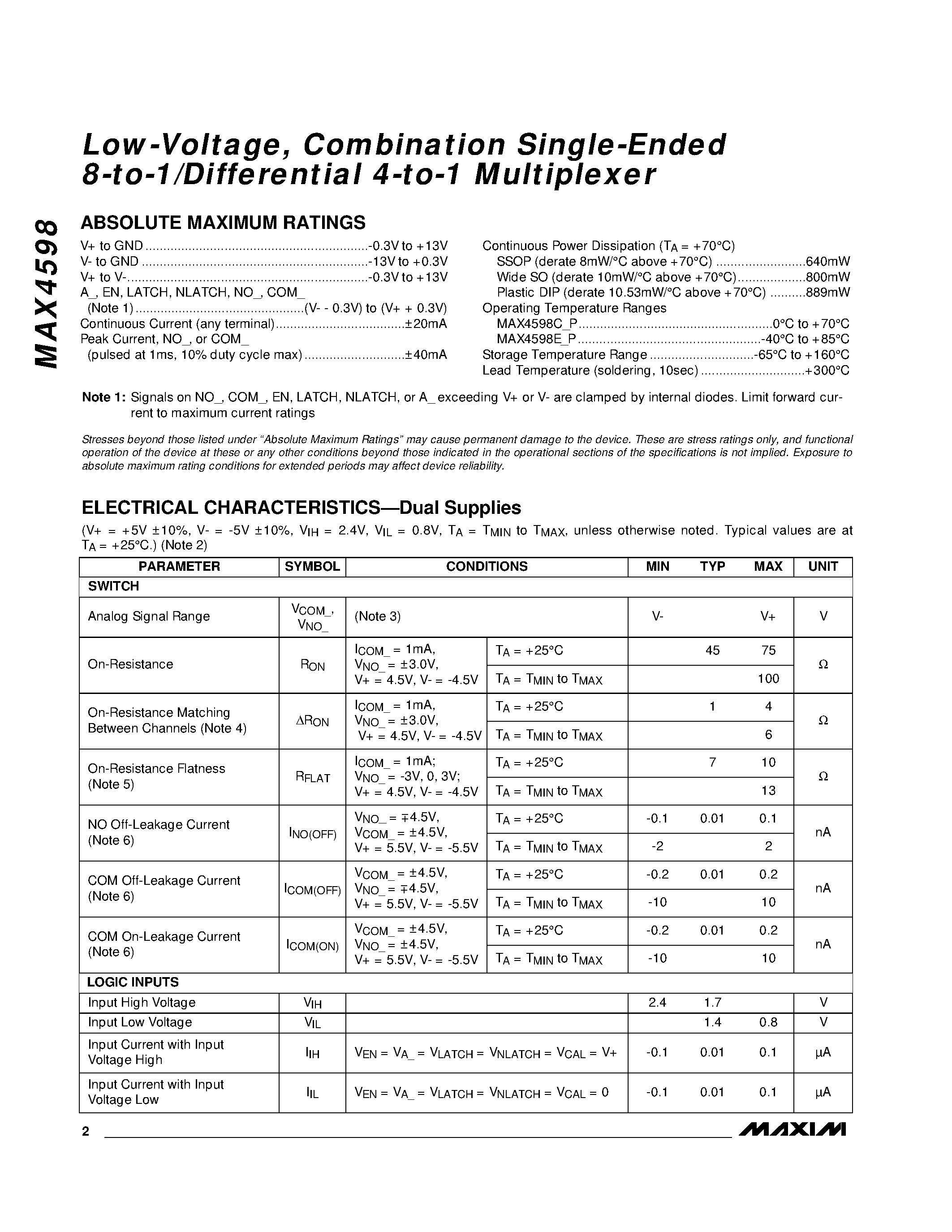 Datasheet MAX4598CCP - Low-Voltage / Combination Single-Ended 8-to-1/Differential 4-to-1 Multiplexer page 2