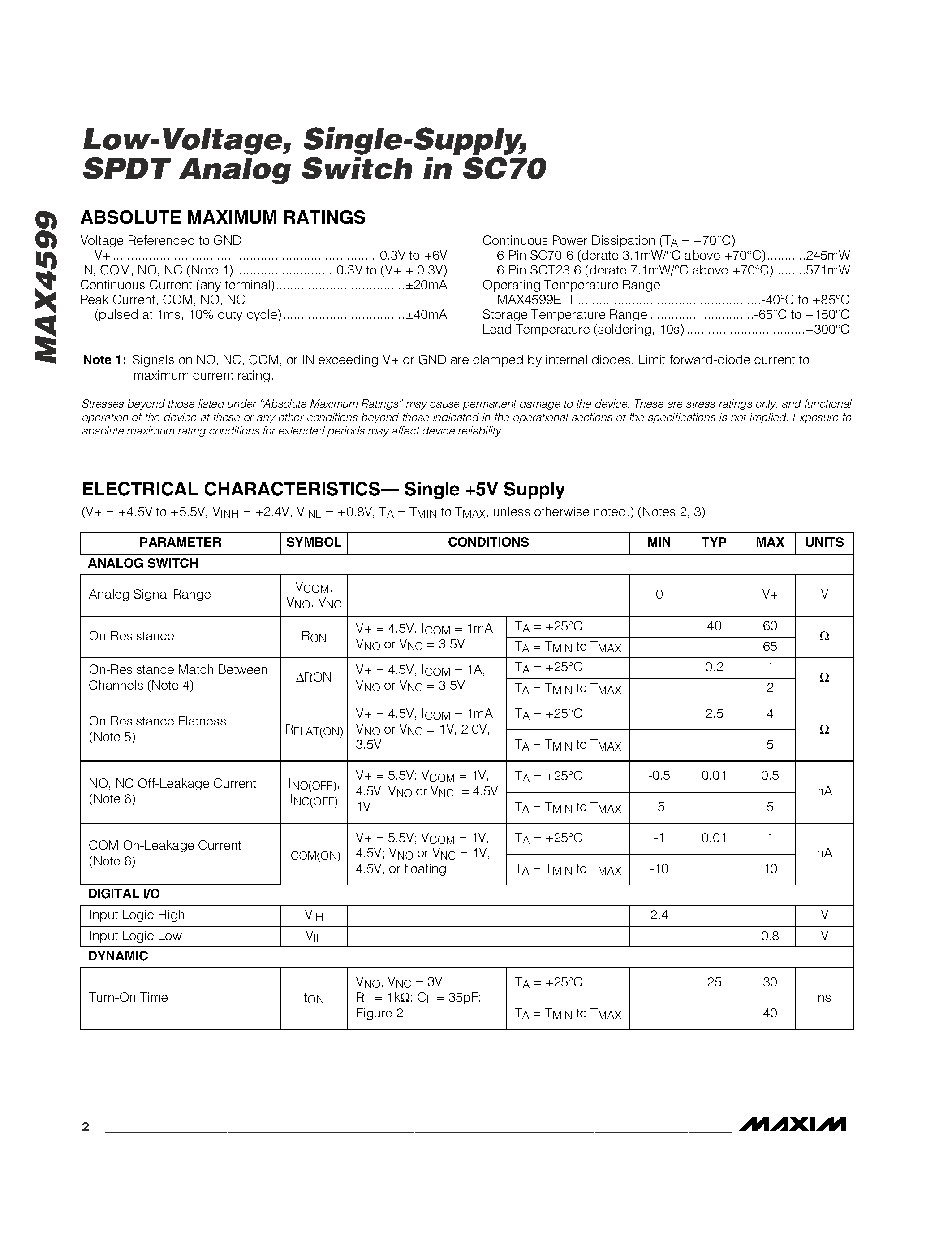 Datasheet MAX4599 page 2 Datasheet MAX4599 - Low-Voltage / Single-Supply / SPDT Analog Switch in SC70 page 2