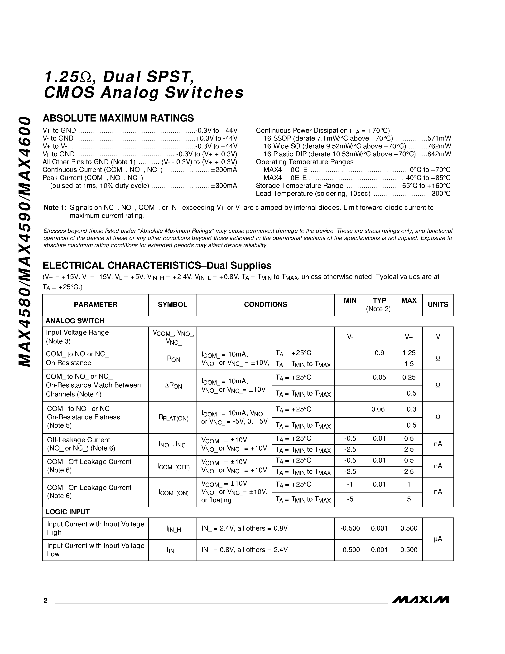 Datasheet MAX4600CAE - 1.25 / Dual SPST / CMOS Analog Switches page 2