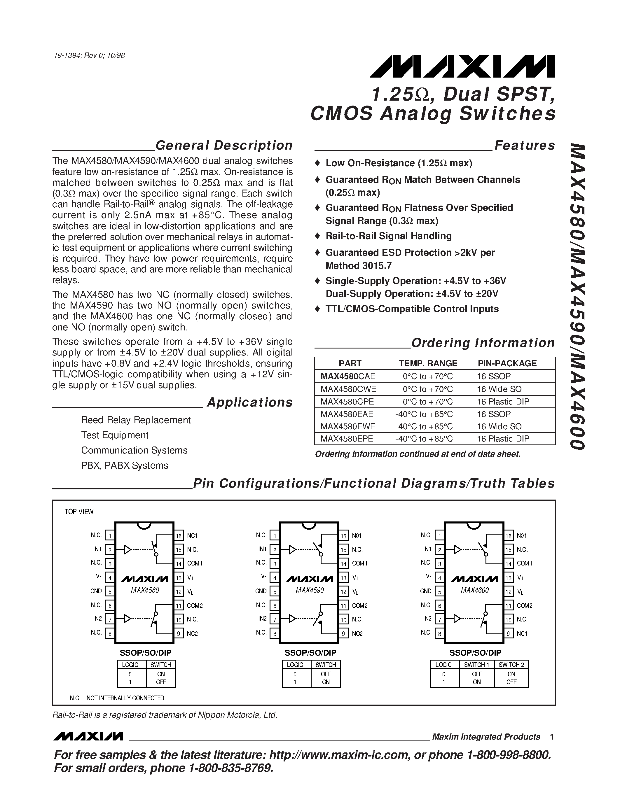 Datasheet MAX4600CPE - 1.25 / Dual SPST / CMOS Analog Switches page 1