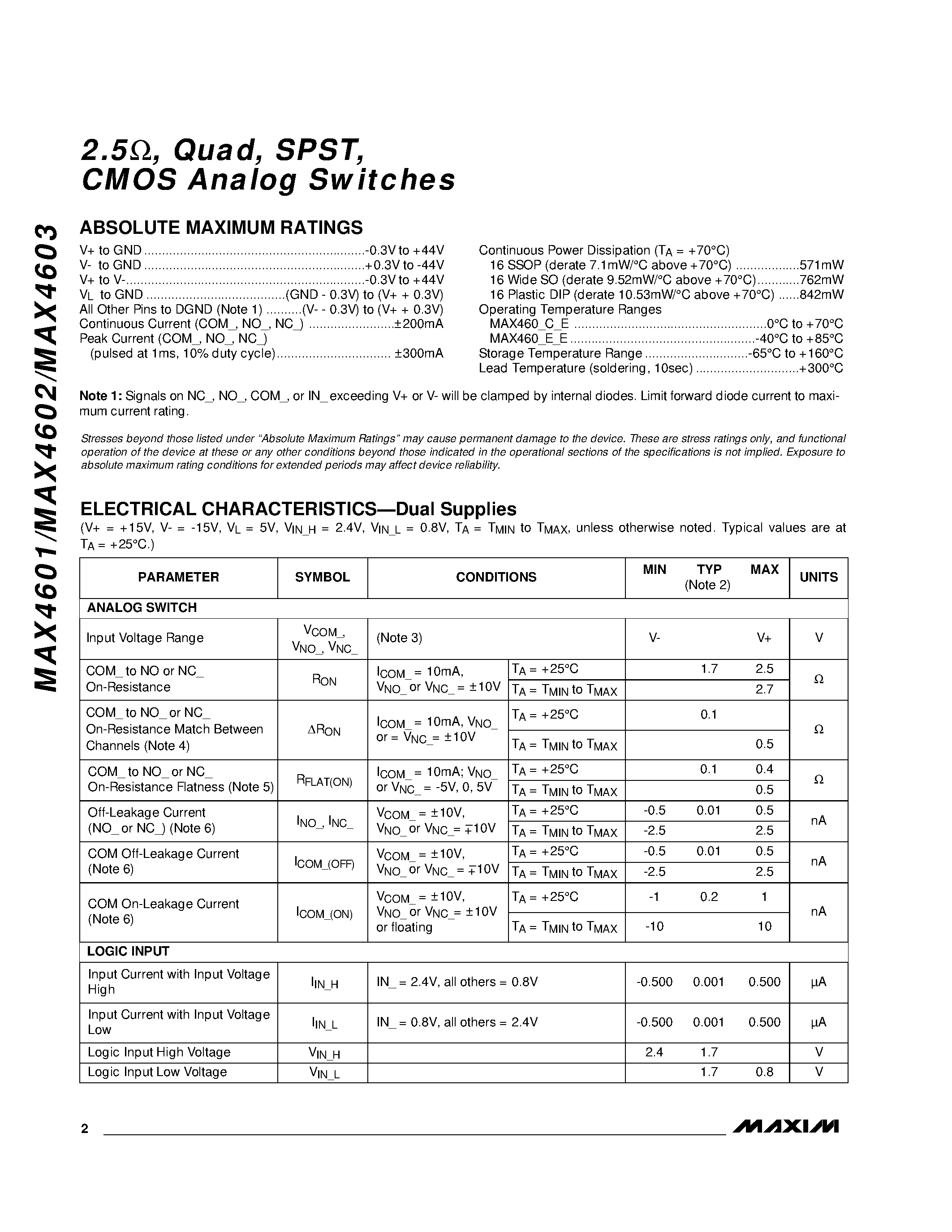 Datasheet MAX4601CWE - 2.5 / Quad / SPST / CMOS Analog Switches page 2