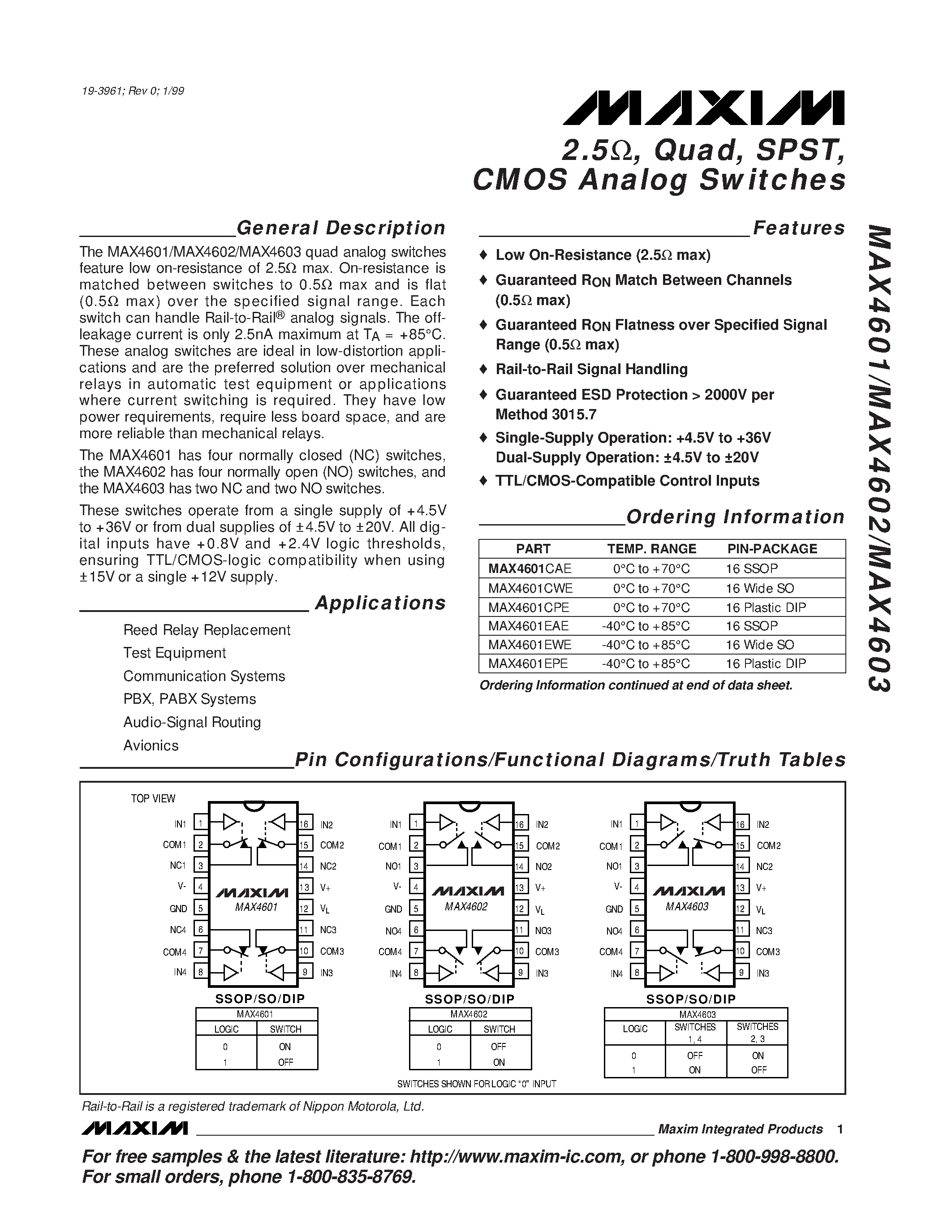 Datasheet MAX4603EPE - 2.5 / Quad / SPST / CMOS Analog Switches page 1