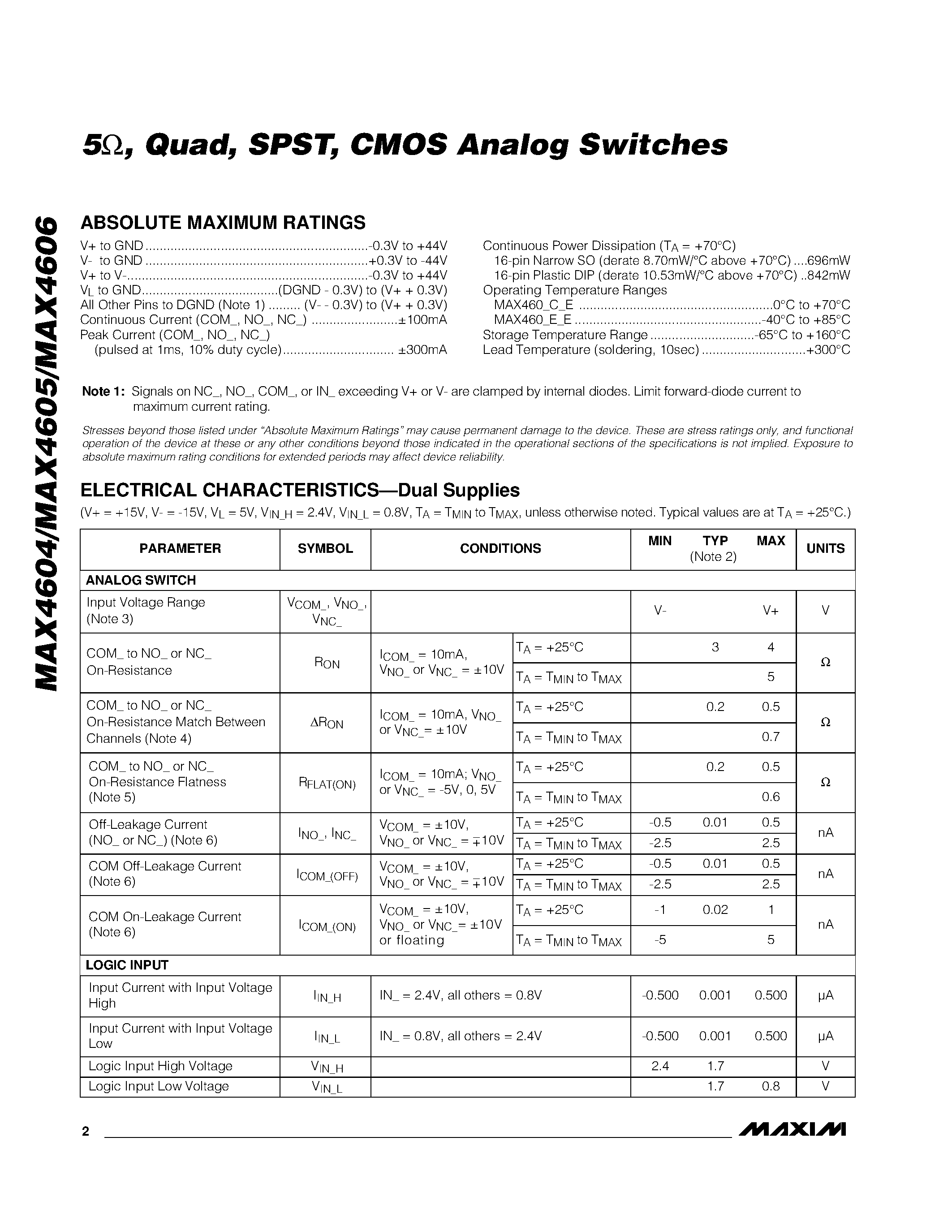 Datasheet MAX4604EPE page 2 Datasheet MAX4604EPE - 5 / Quad / SPST / CMOS Analog Switches page 2