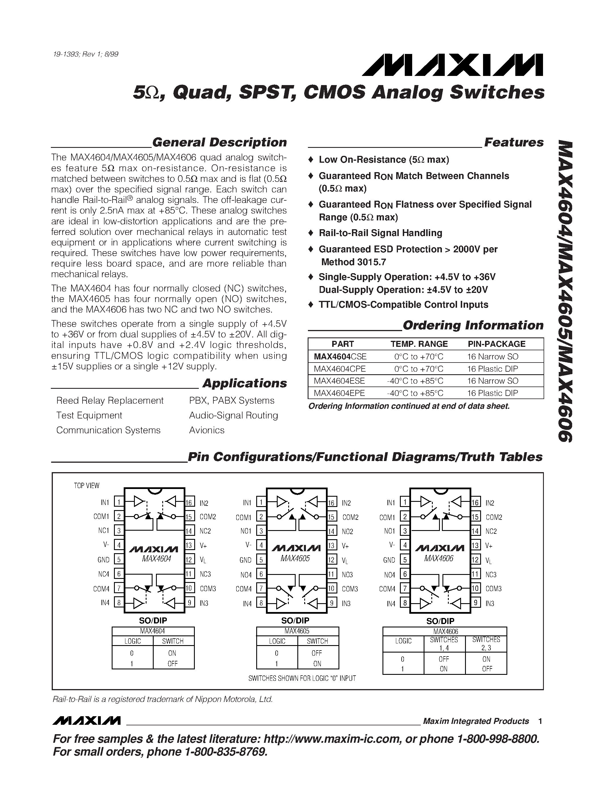 Datasheet MAX4605EPE page 1 Datasheet MAX4605EPE - 5 / Quad / SPST / CMOS Analog Switches page 1