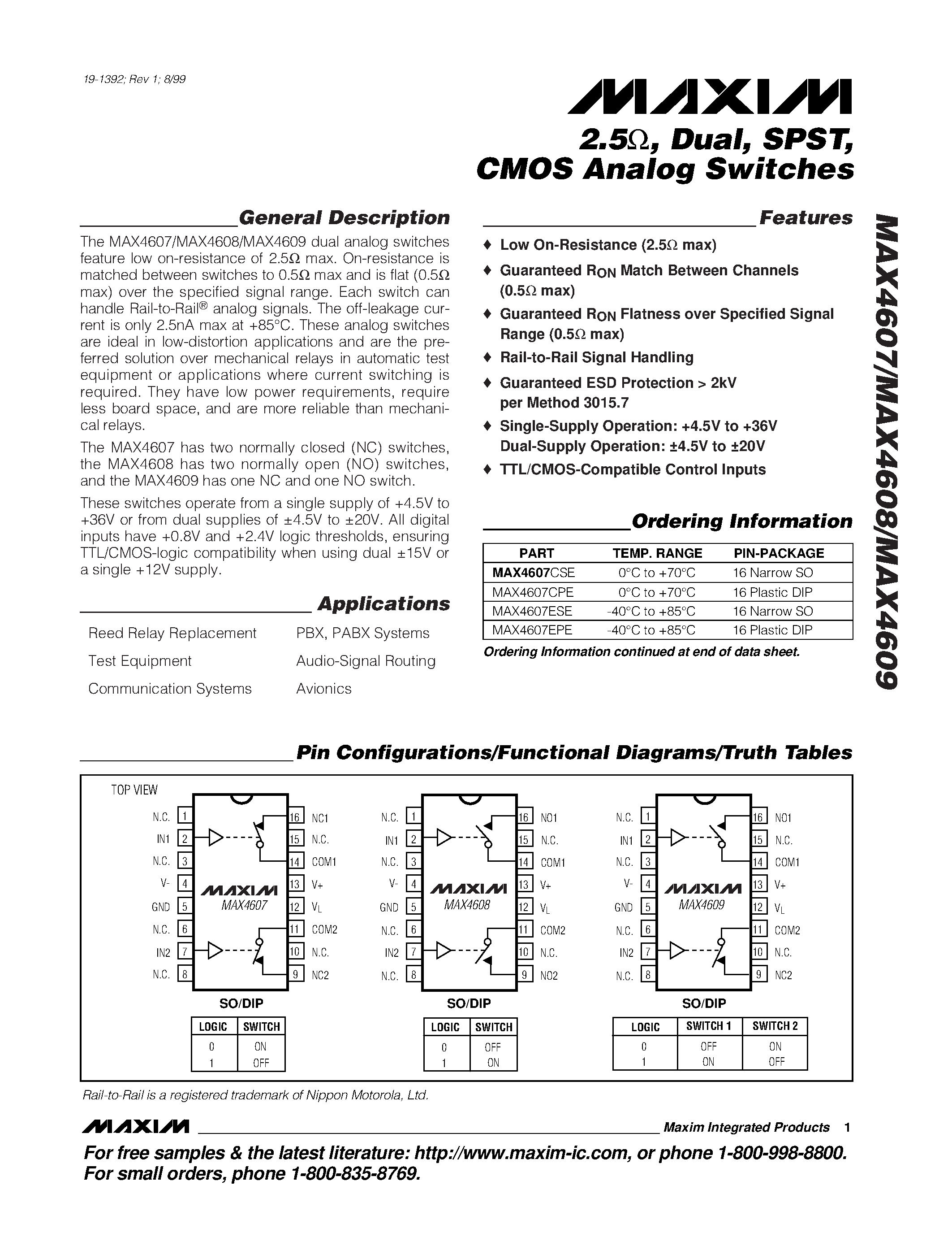 Datasheet MAX4607-MAX4609 - 2.5 / Dual / SPST / CMOS Analog Switches page 1