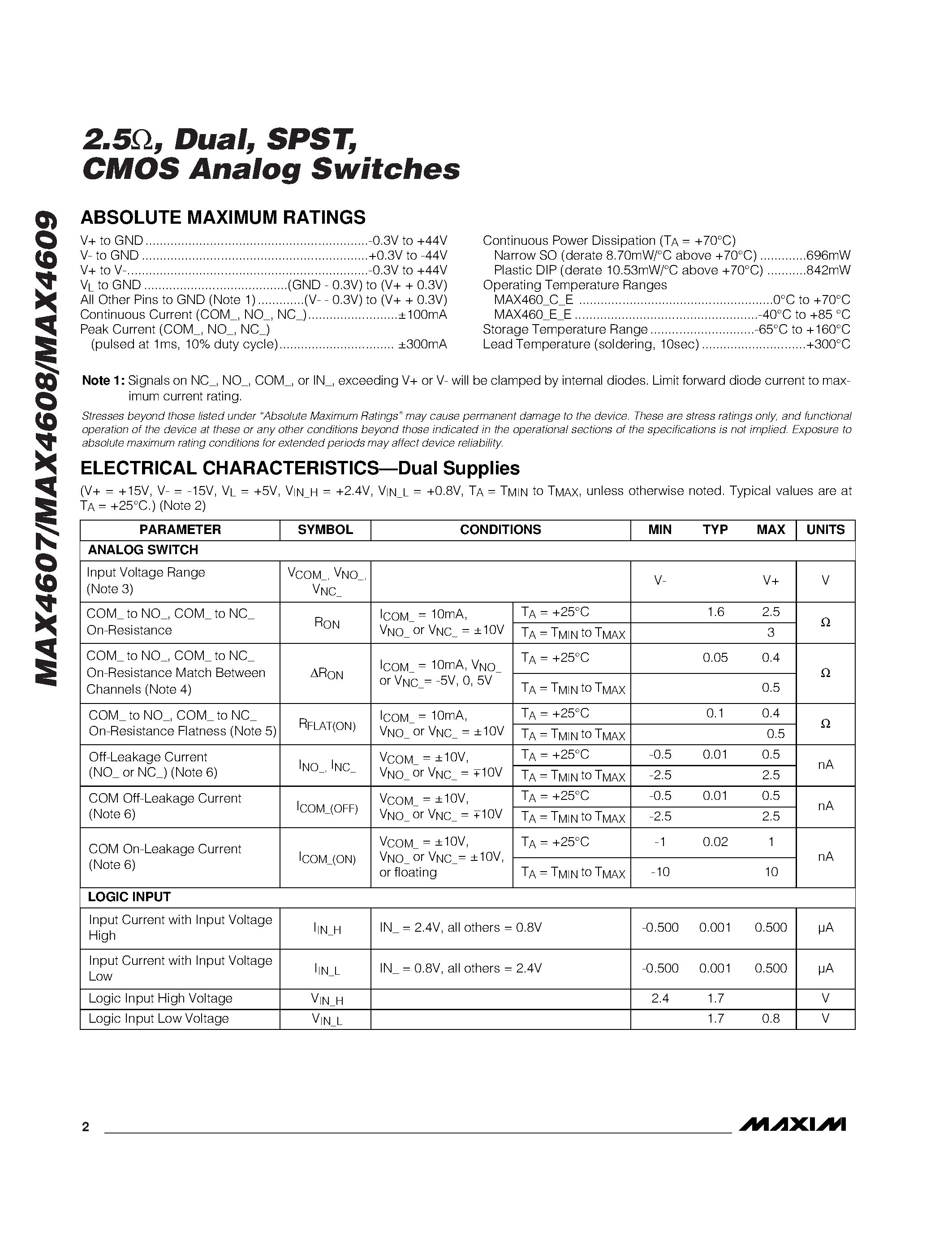 Datasheet MAX4608EPE - 2.5 / Dual / SPST / CMOS Analog Switches page 2