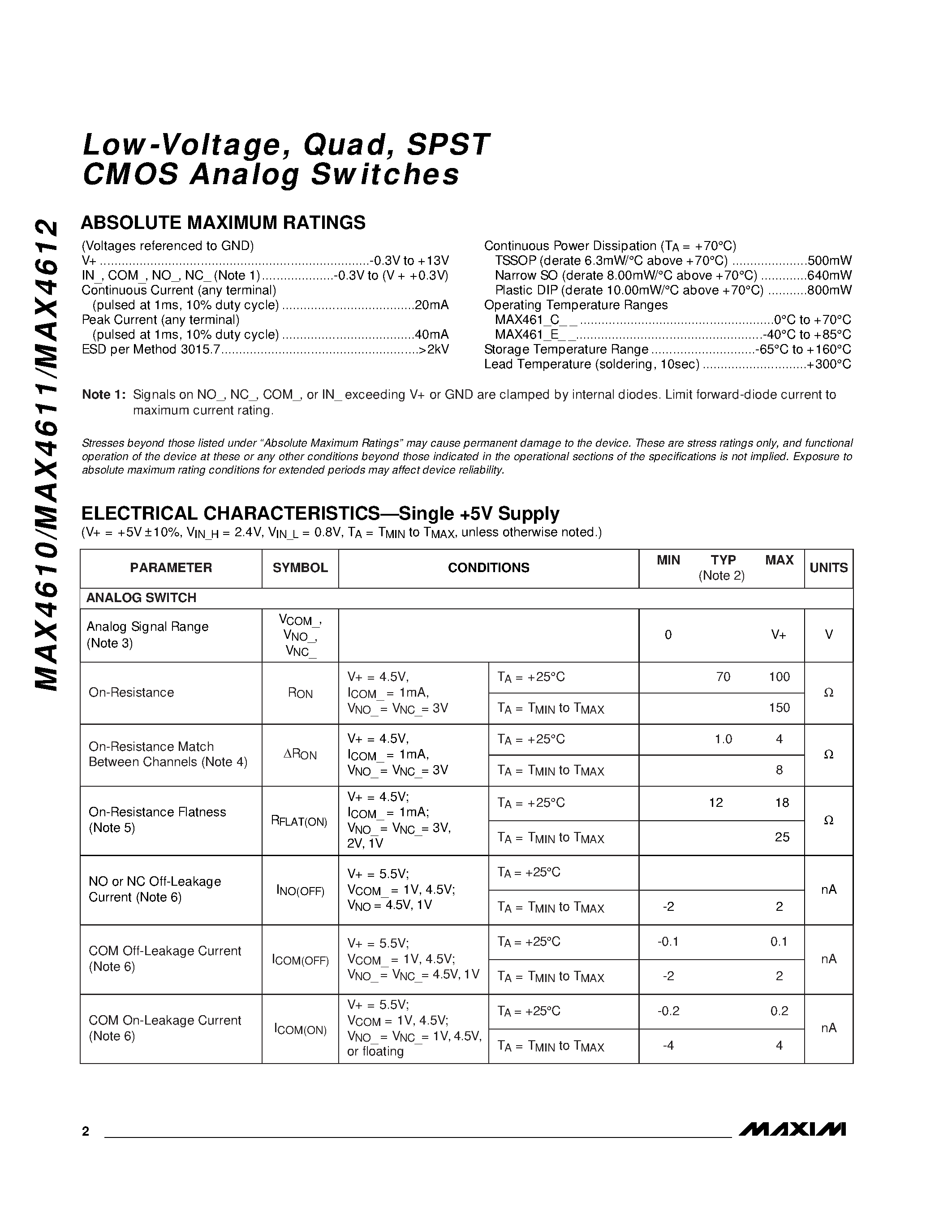 Datasheet MAX4610CPD - Low-Voltage / Quad / SPST CMOS Analog Switches page 2