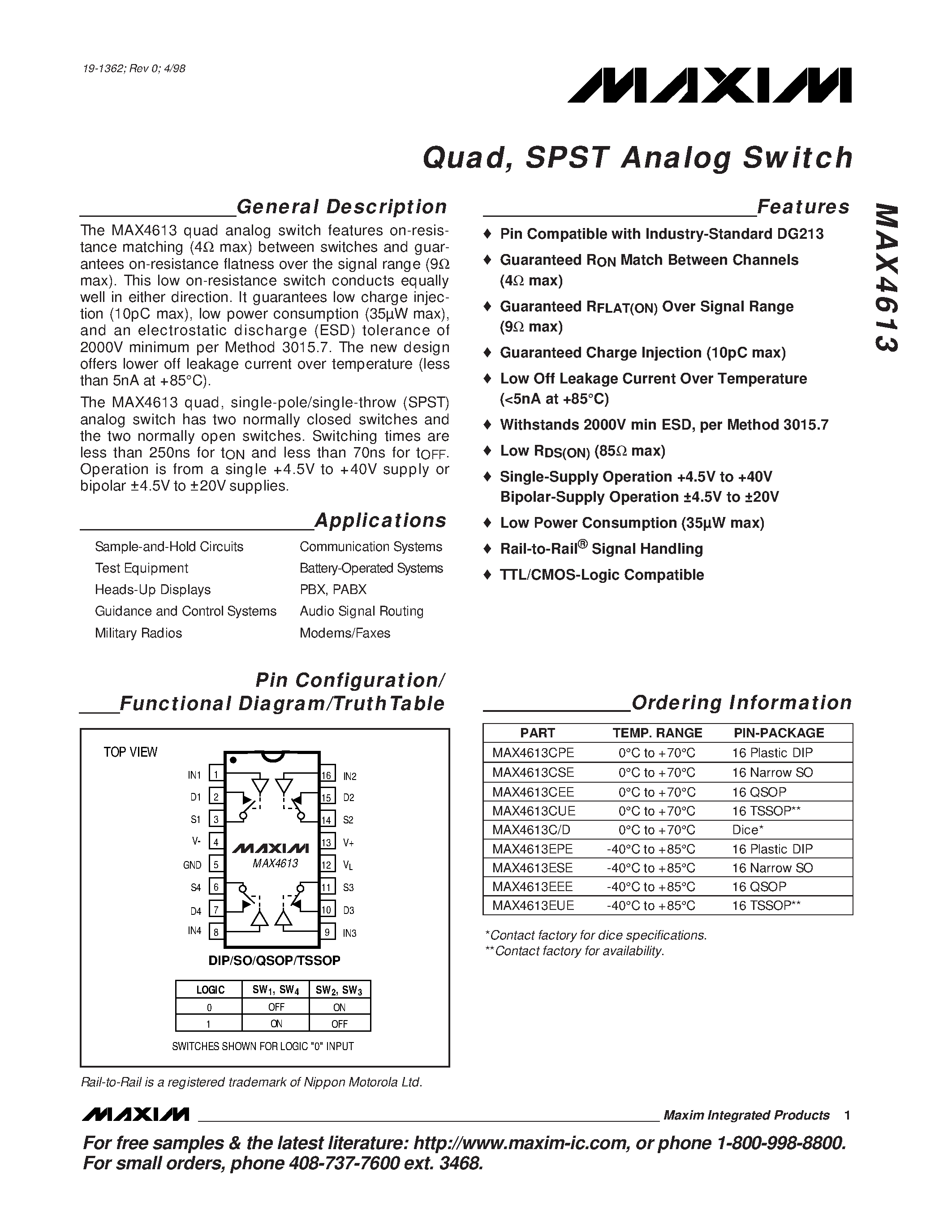 Datasheet MAX4613 - Quad / SPST Analog Switch page 1