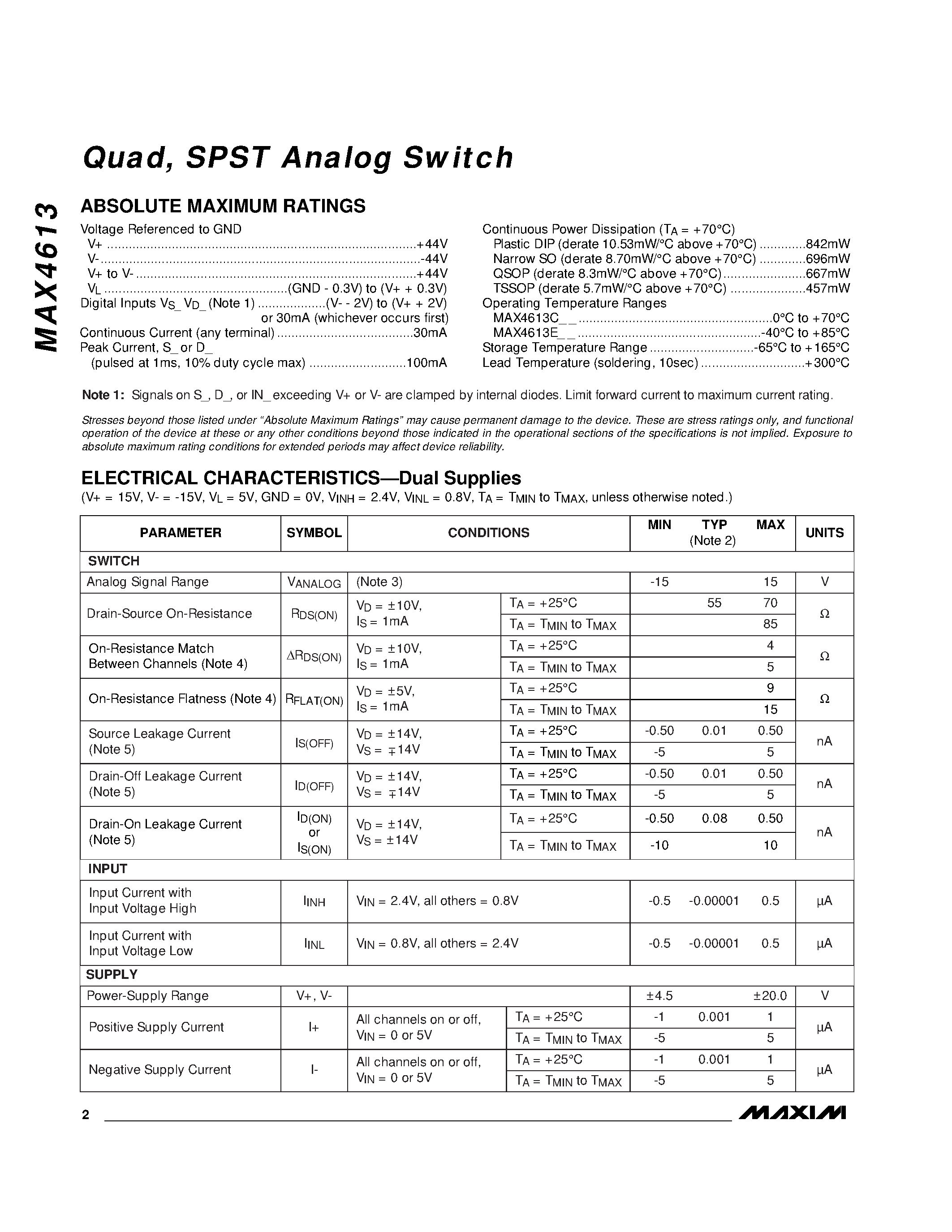 Datasheet MAX4613 - Quad / SPST Analog Switch page 2