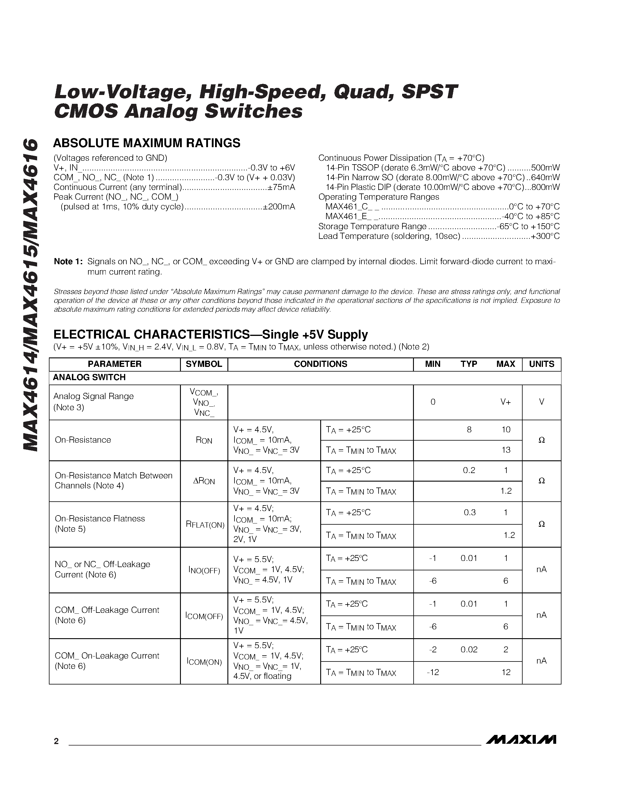 Datasheet MAX4614 - Low-Voltage / High-Speed / Quad / SPST CMOS Analog Switches page 2