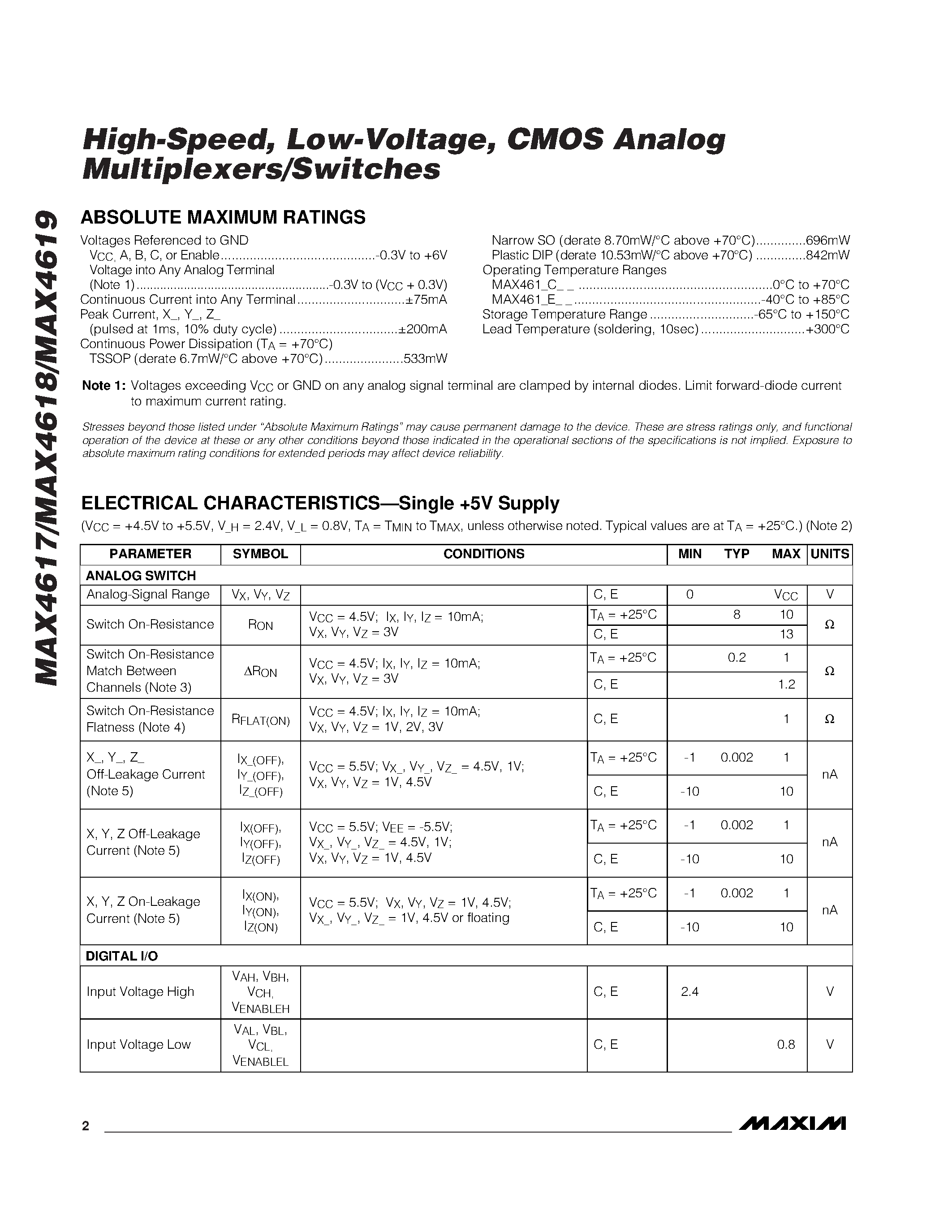 Datasheet MAX4617EPE - High-Speed / Low-Voltage / CMOS Analog Multiplexers/Switches page 2