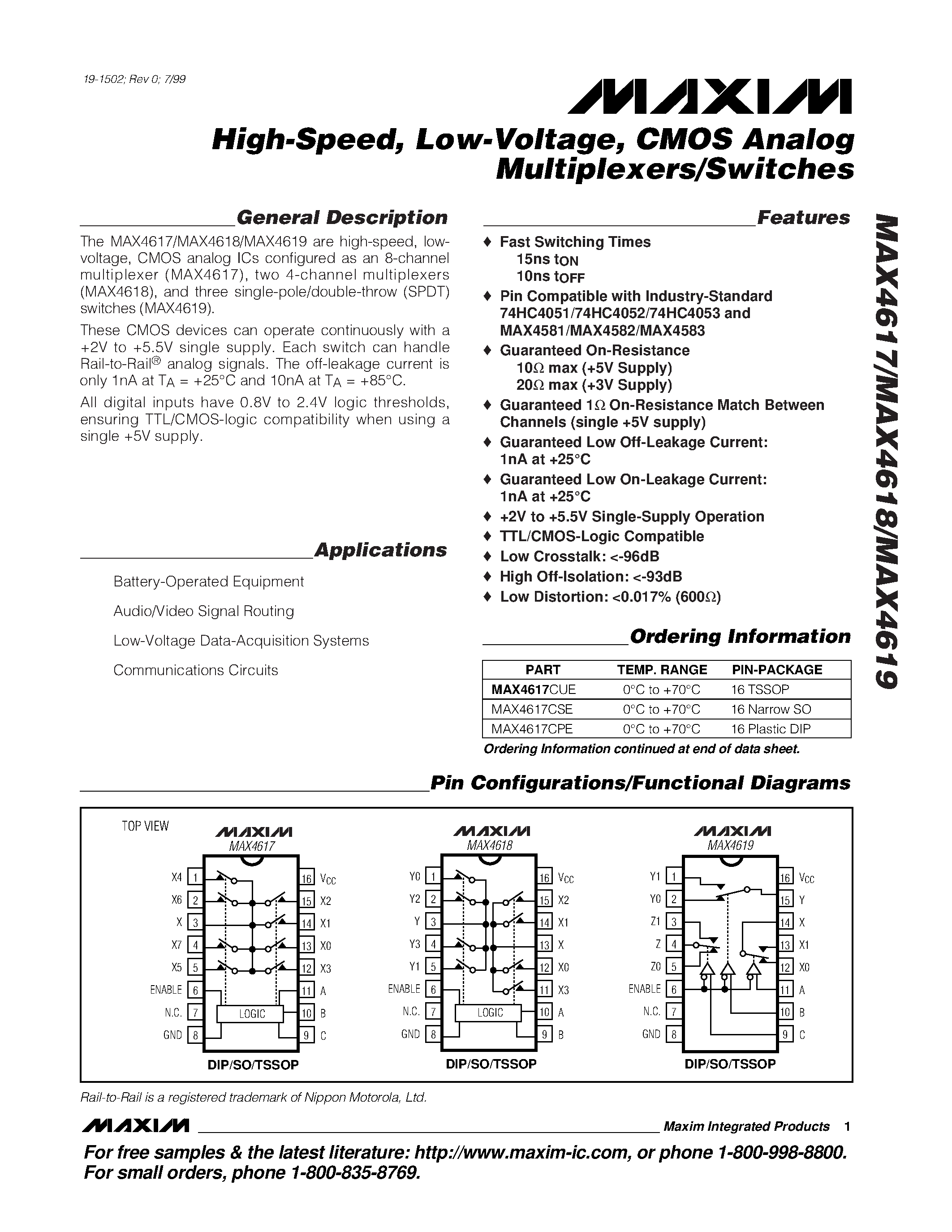 Datasheet MAX4618ESE page 1 Datasheet MAX4618ESE - High-Speed / Low-Voltage / CMOS Analog Multiplexers/Switches page 1