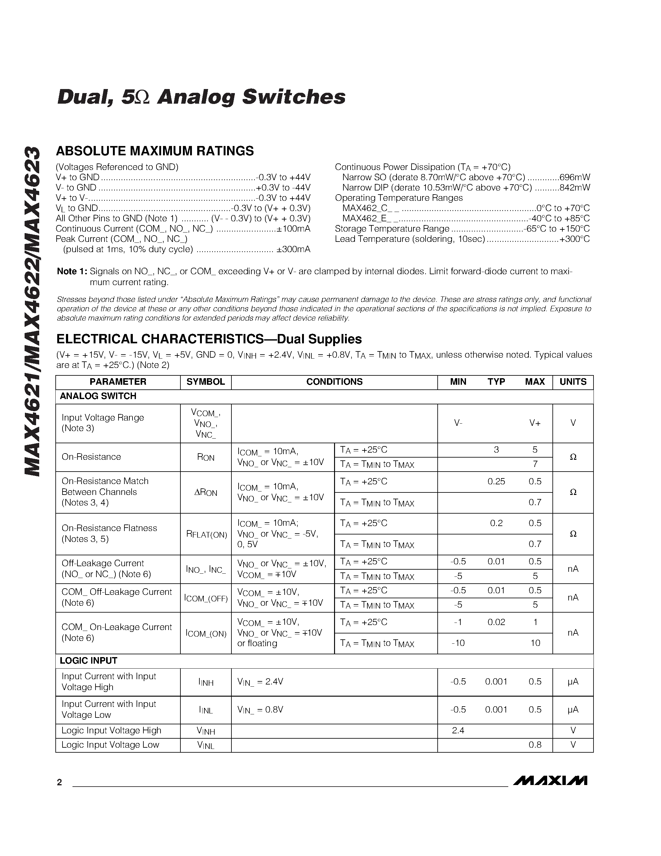 Datasheet MAX4621CPE page 2 Datasheet MAX4621CPE - Dual / 5 Analog Switches page 2