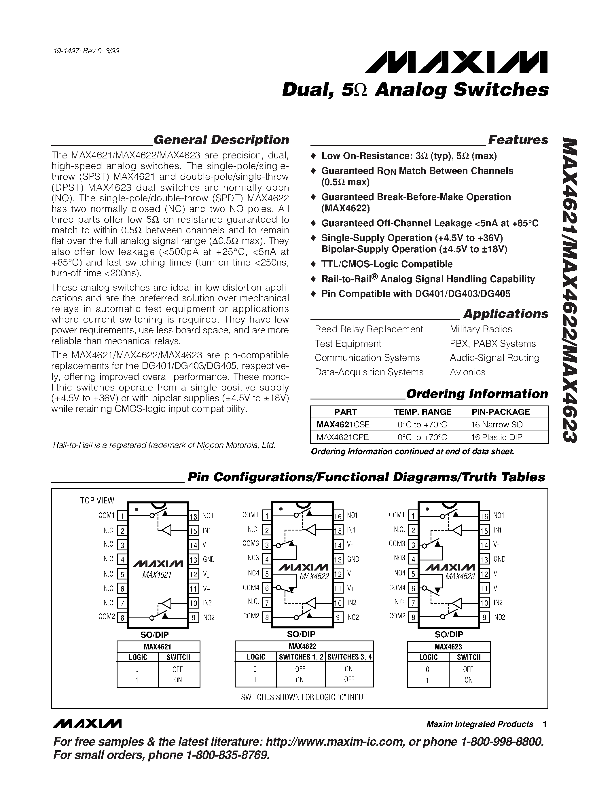 Datasheet MAX4623CSE page 1 Datasheet MAX4623CSE - Dual / 5 Analog Switches page 1