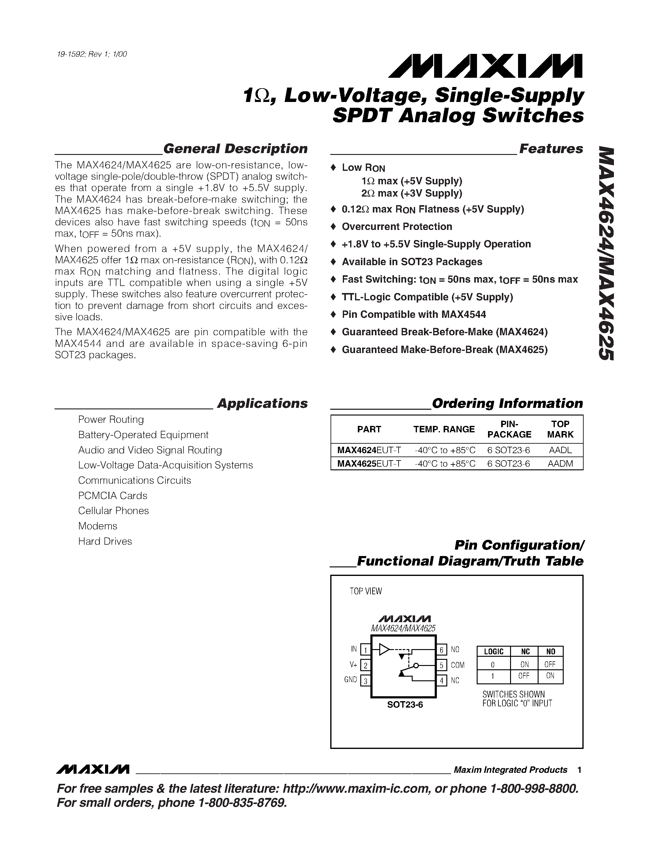 Datasheet MAX4625EUT-T page 1 Datasheet MAX4625EUT-T - 1 / Low-Voltage / Single-Supply SPDT Analog Switches page 1