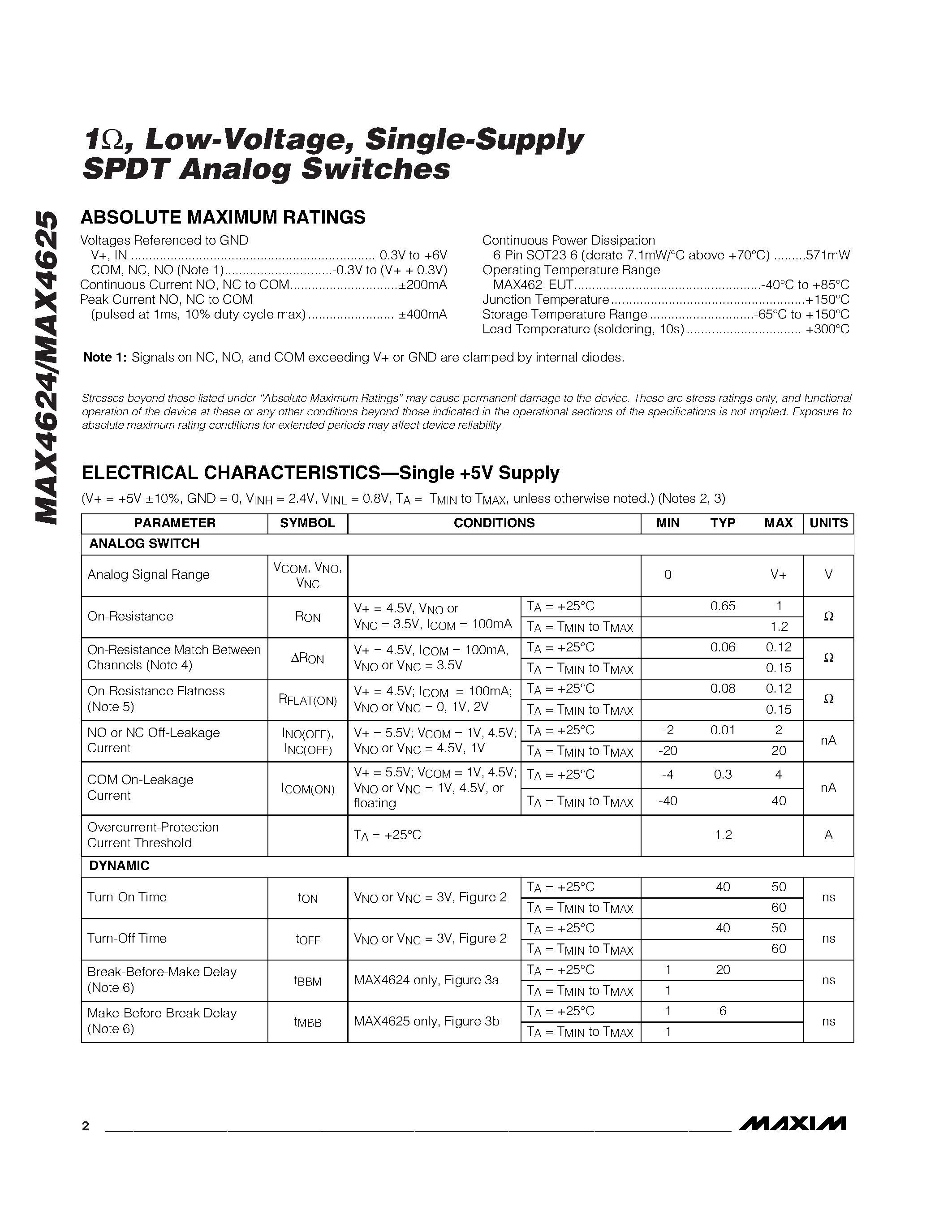 Datasheet MAX4625EUT-T page 2 Datasheet MAX4625EUT-T - 1 / Low-Voltage / Single-Supply SPDT Analog Switches page 2