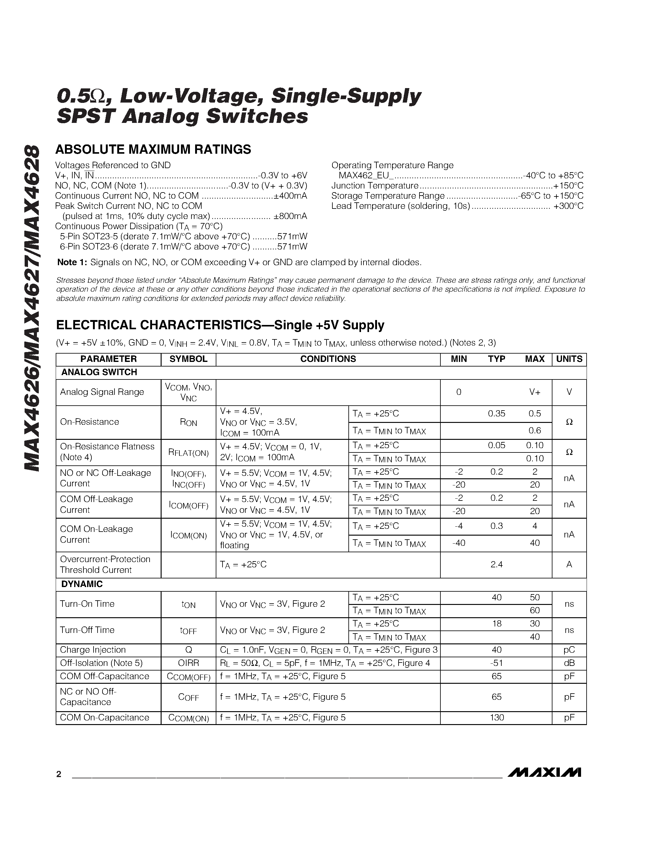 Datasheet MAX4626-MAX4628 - 0.5 / Low-Voltage / Single-Supply SPST Analog Switches page 2