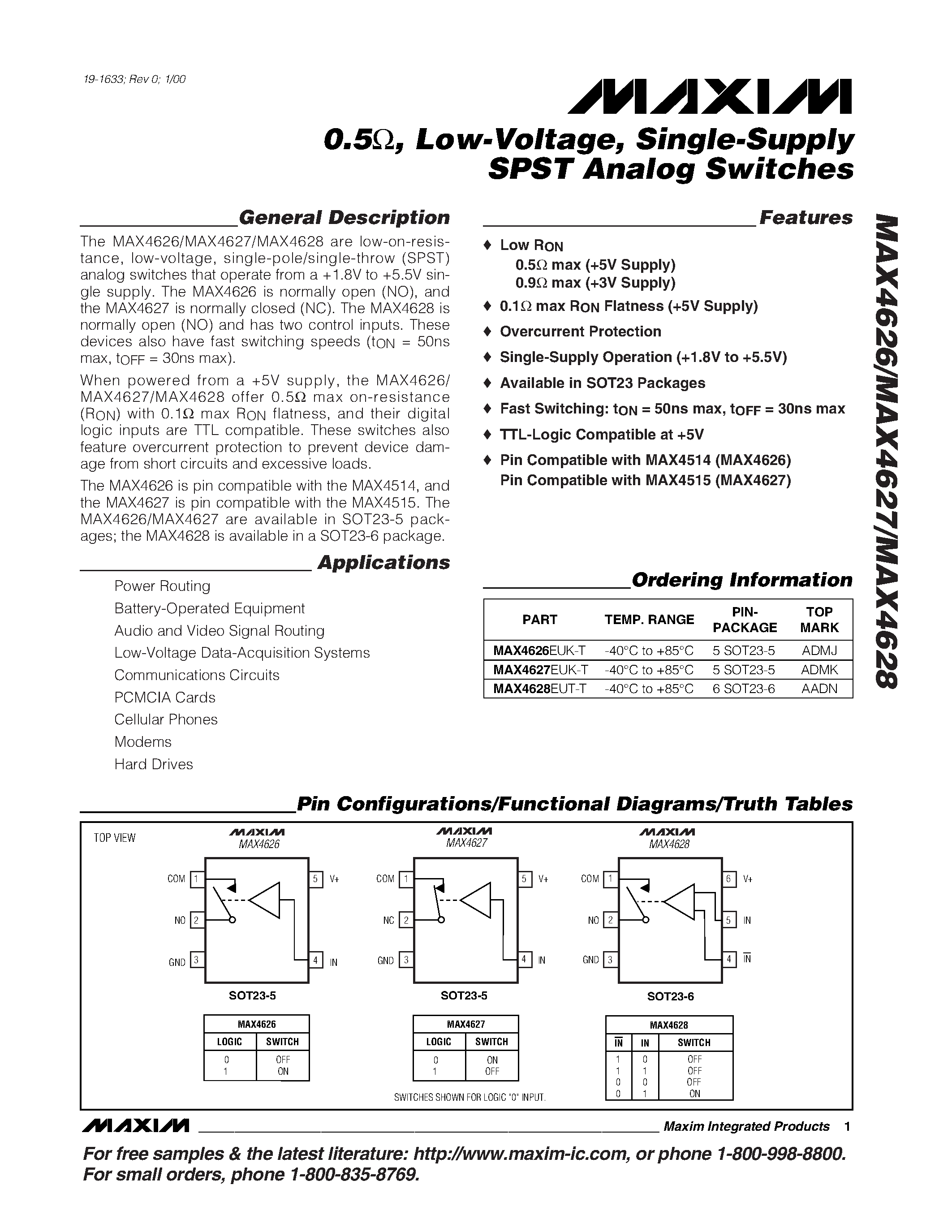 Datasheet MAX4626EUK-T - 0.5 / Low-Voltage / Single-Supply SPST Analog Switches page 1