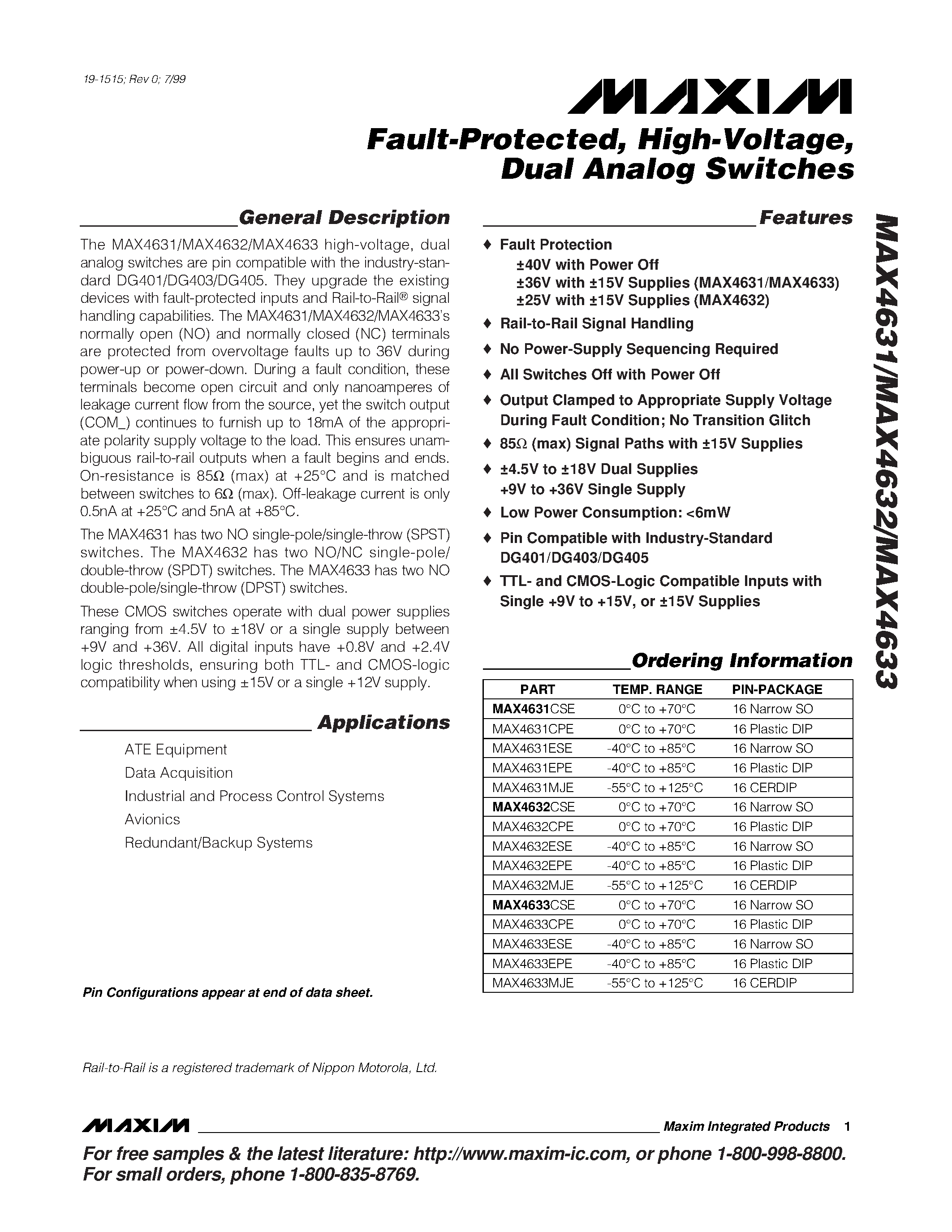 Даташит MAX4632 - Fault-Protected / High-Voltage / Dual Analog Switches страница 1