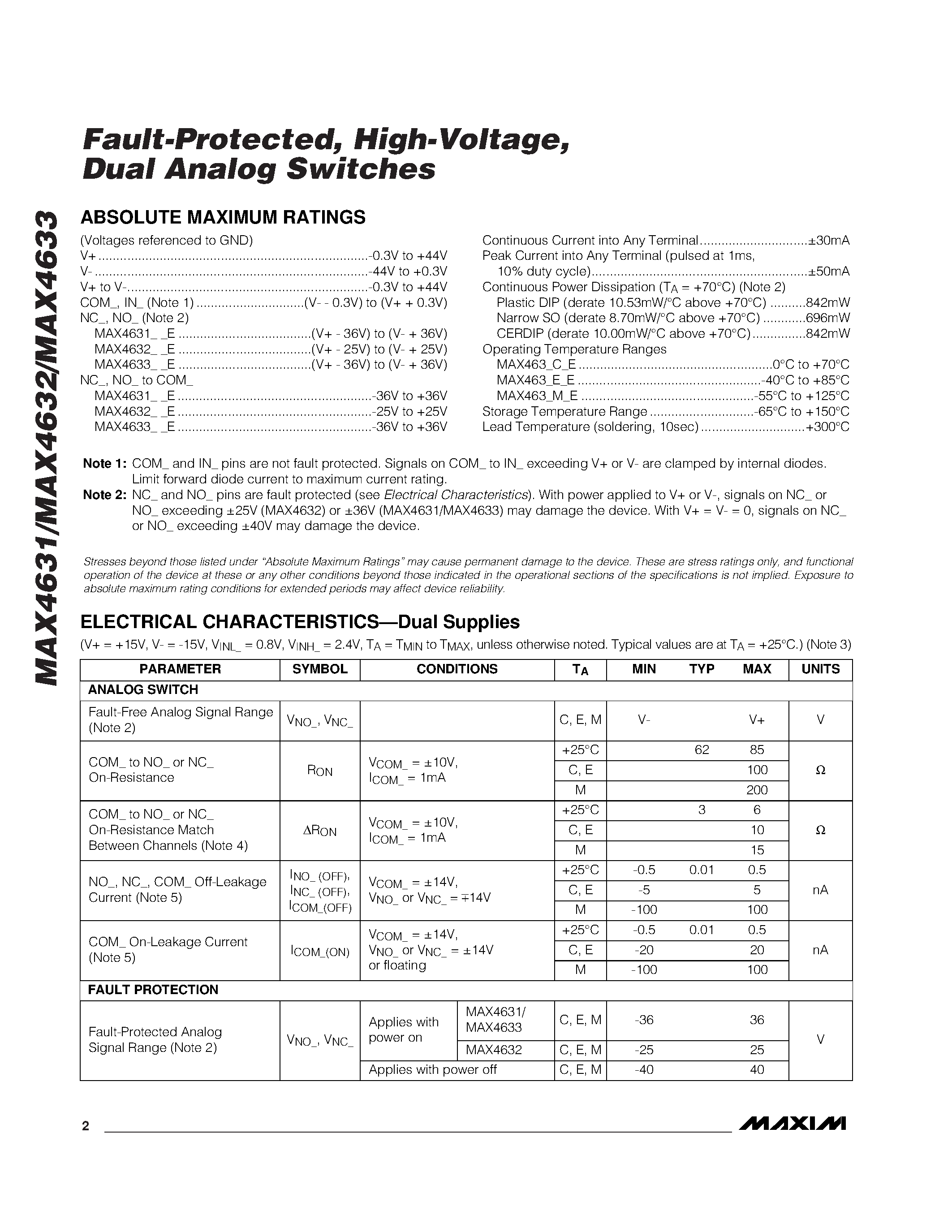 Datasheet MAX4633 - Fault-Protected / High-Voltage / Dual Analog Switches page 2