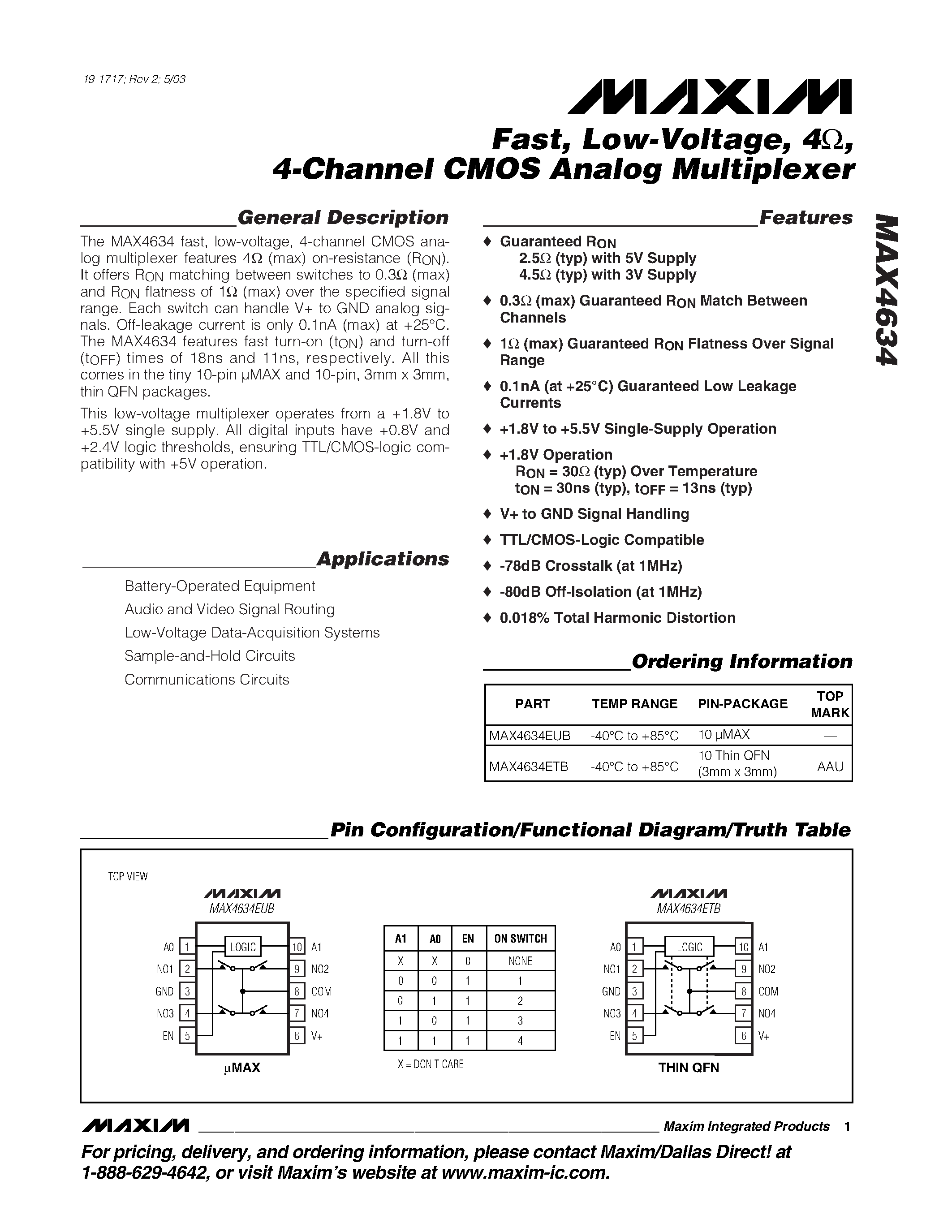 Datasheet MAX4634 - Fast / Low-Voltage / 4 / 4-Channel CMOS Analog Multiplexer page 1