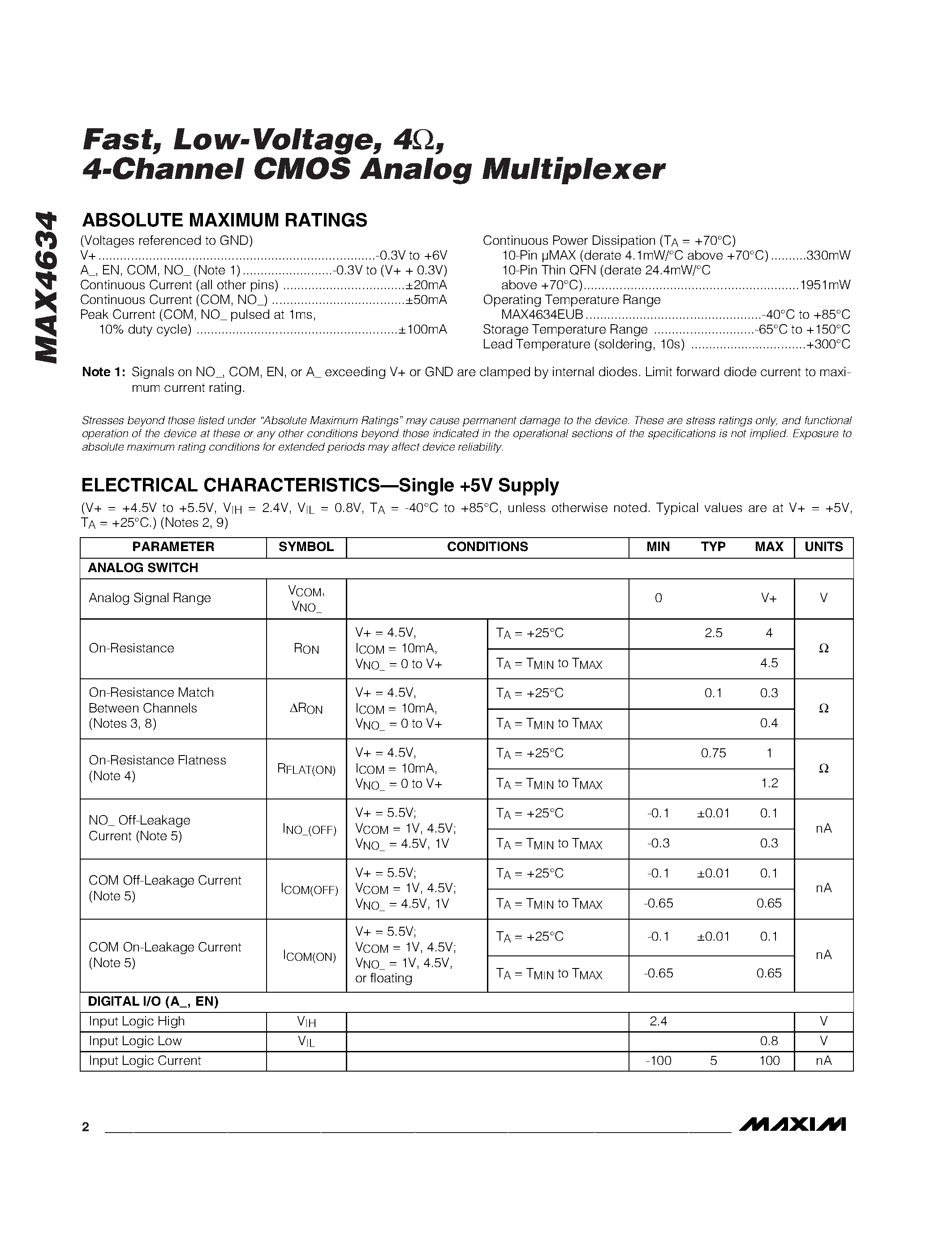 Datasheet MAX4634 - Fast / Low-Voltage / 4 / 4-Channel CMOS Analog Multiplexer page 2