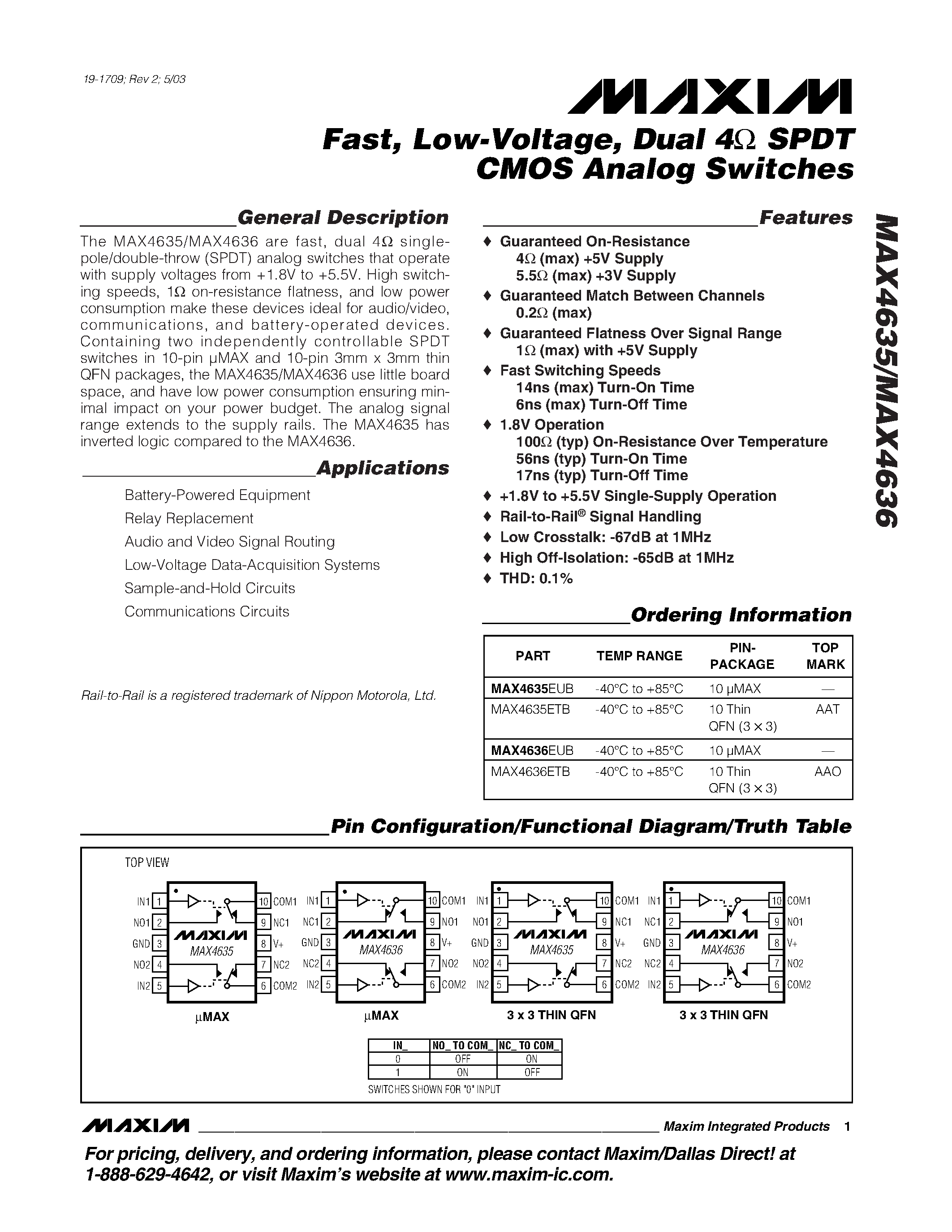 Datasheet MAX4636 - Fast / Low-Voltage / Dual 4 SPDT CMOS Analog Switches page 1