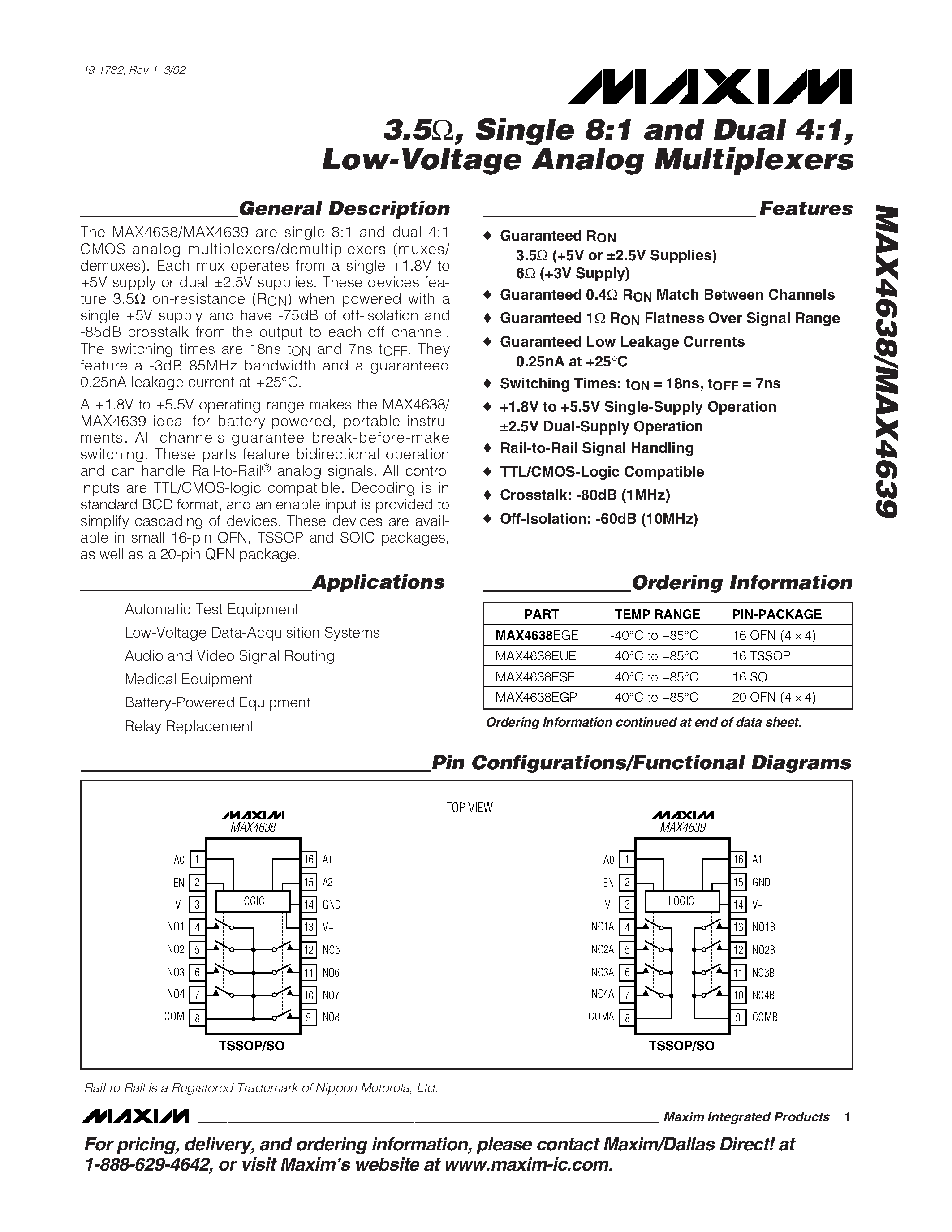 Datasheet MAX4638 - 3.5 / Single 8:1 and Dual 4:1 / Low-Voltage Analog Multiplexers page 1