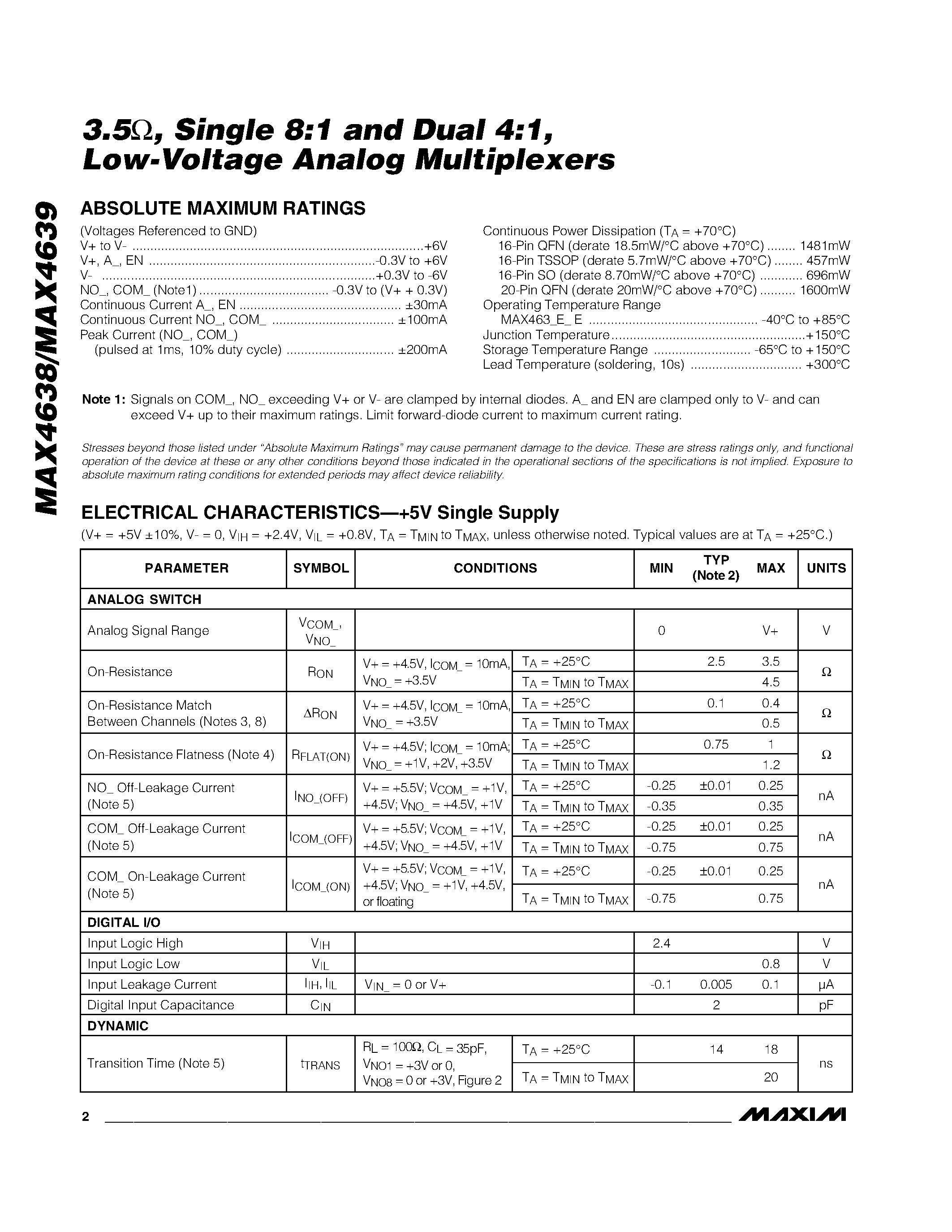 Datasheet MAX4639 - 3.5 / Single 8:1 and Dual 4:1 / Low-Voltage Analog Multiplexers page 2