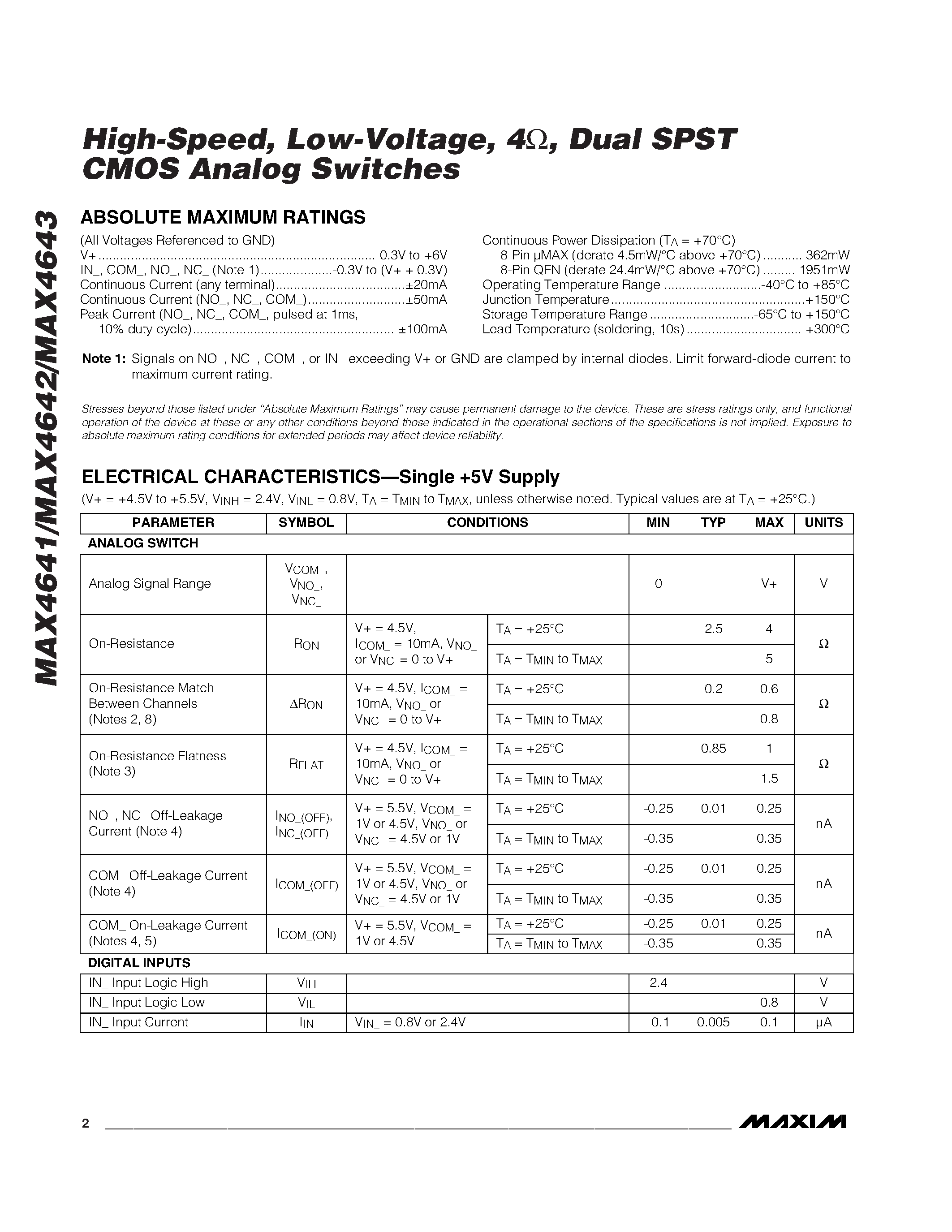 Datasheet MAX4641 - High-Speed / Low-Voltage / 4 / Dual SPST CMOS Analog Switches page 2