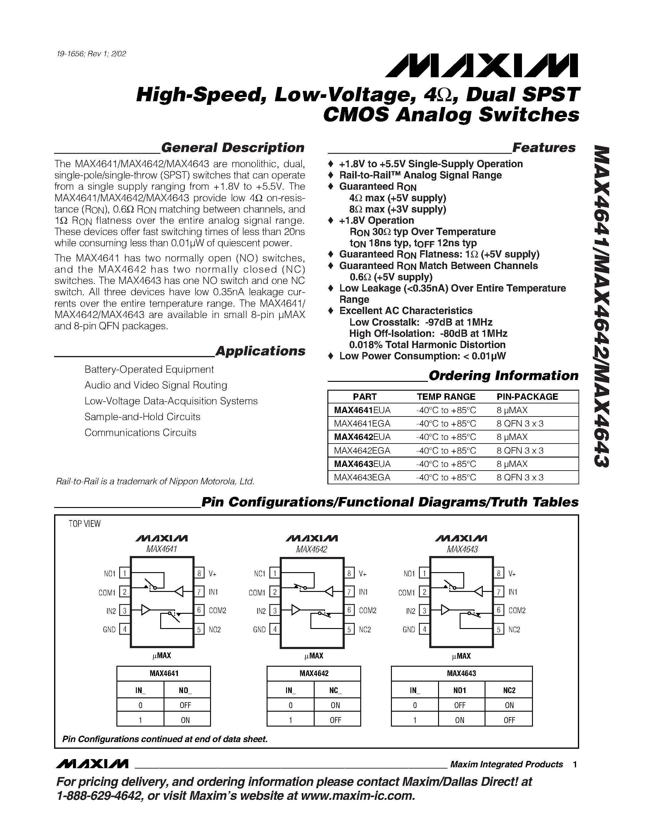 Datasheet MAX4641EUA - High-Speed / Low-Voltage / 4 / Dual SPST CMOS Analog Switches page 1