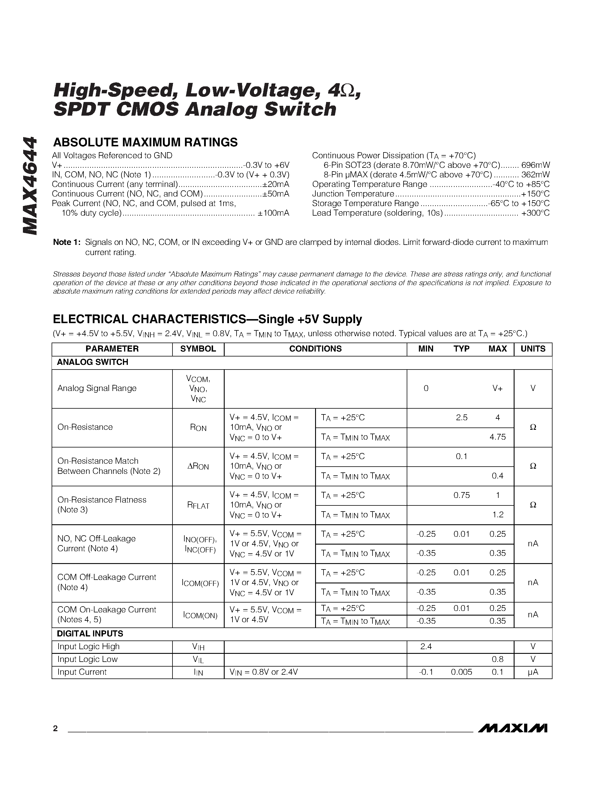 Datasheet MAX4644EUA - High-Speed / Low-Voltage / 4 / SPDT CMOS Analog Switch page 2