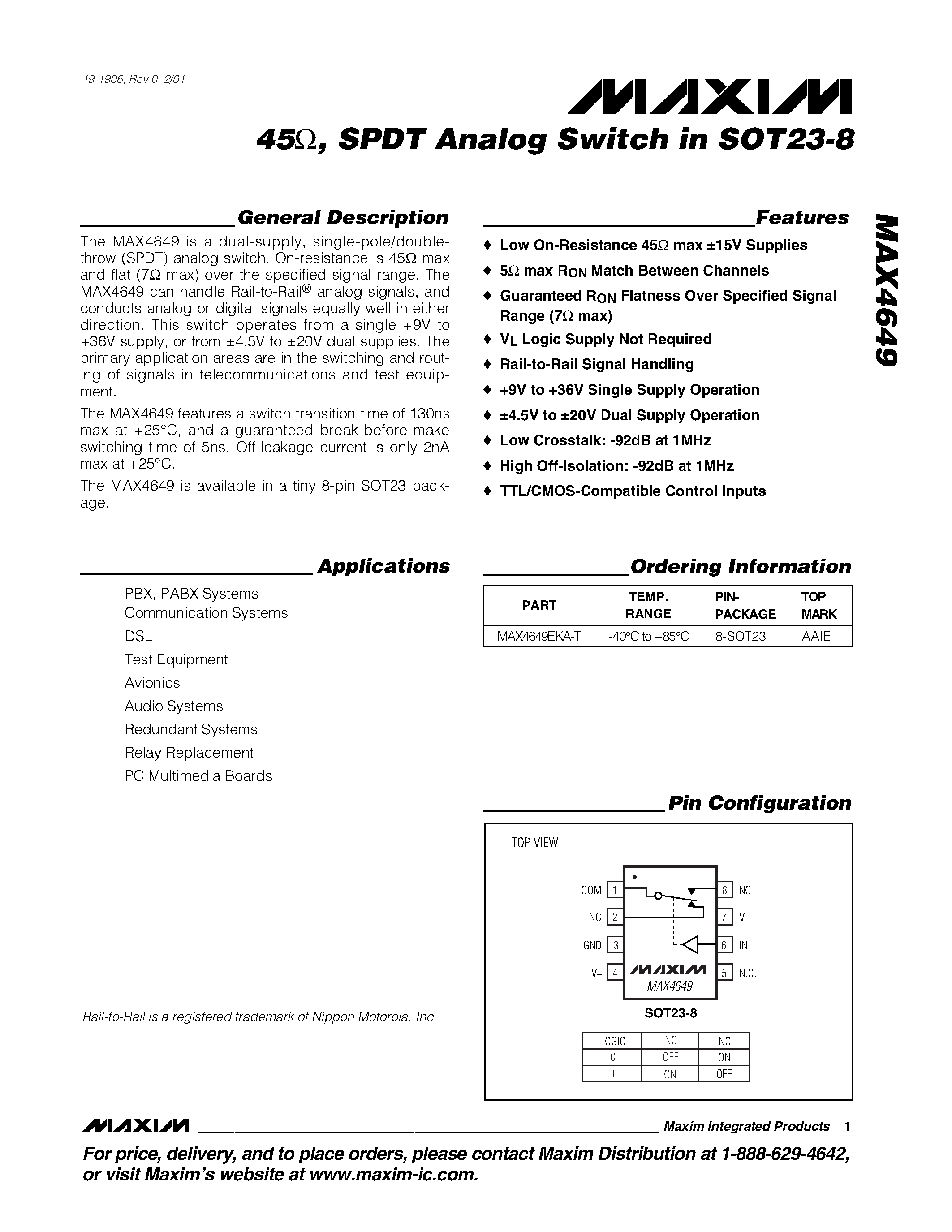 Datasheet MAX4649 - 45 / SPDT Analog Switch in SOT23-8 page 1