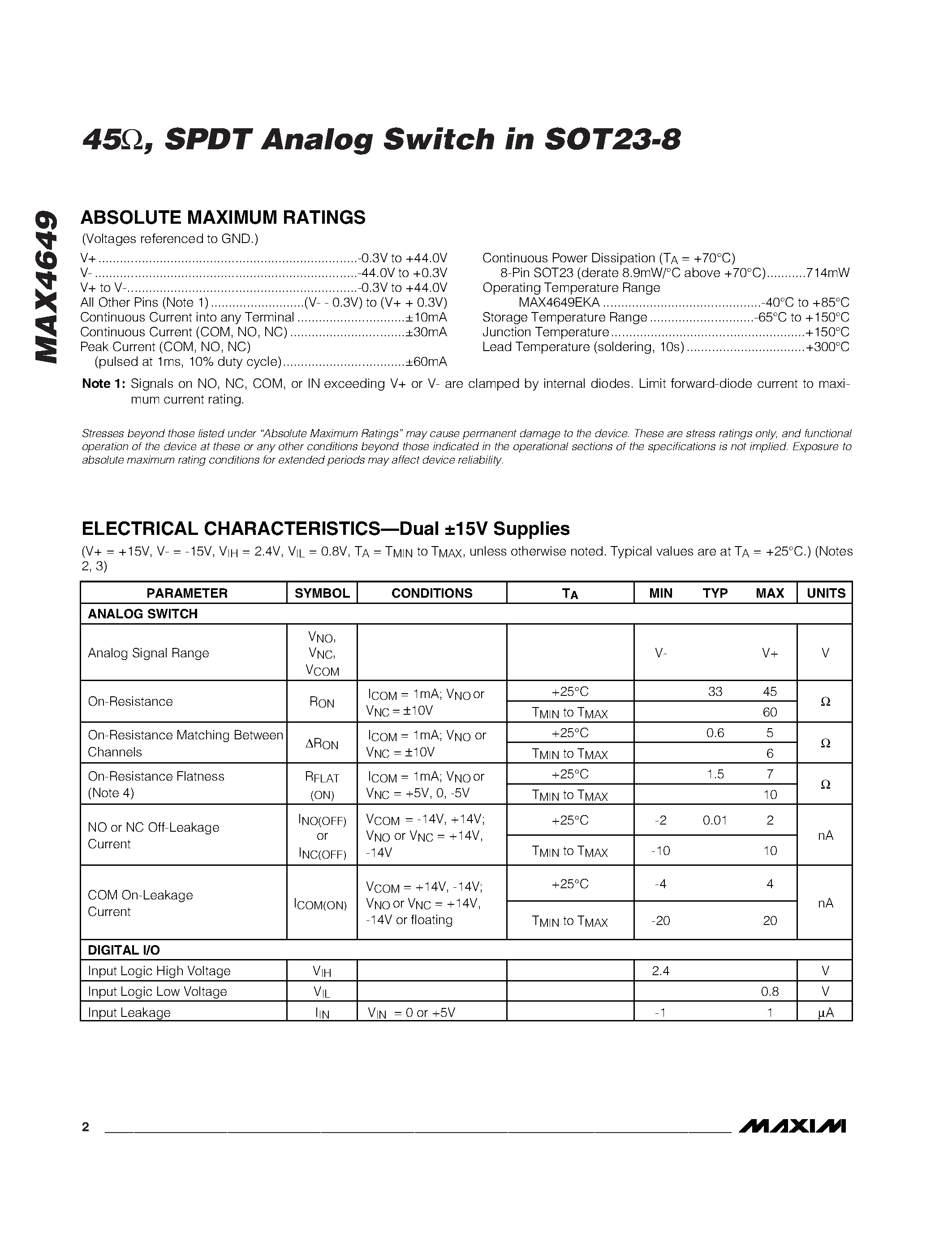 Datasheet MAX4649 - 45 / SPDT Analog Switch in SOT23-8 page 2