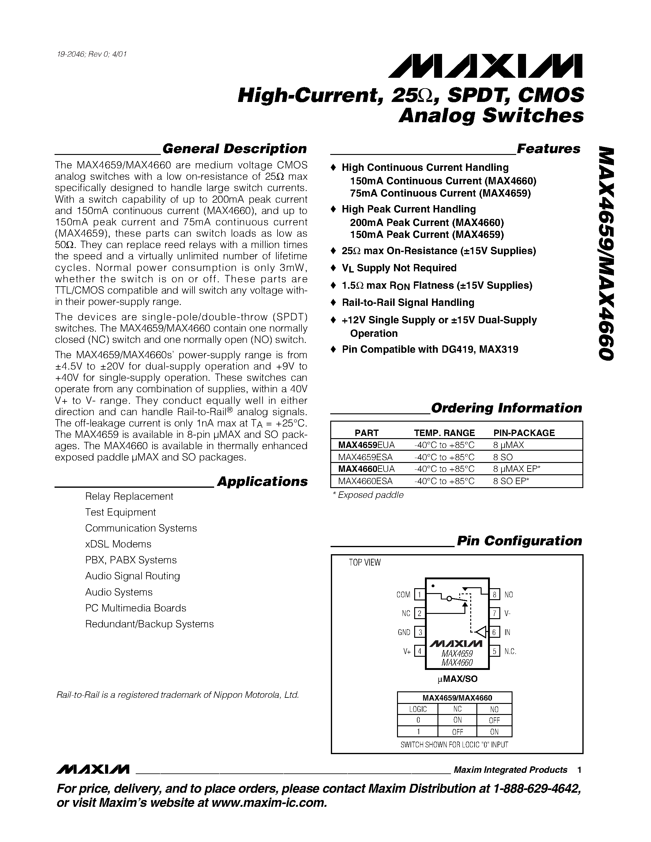 Даташит MAX4659 - High-Current / 25 / SPDT / CMOS Analog Switches страница 1
