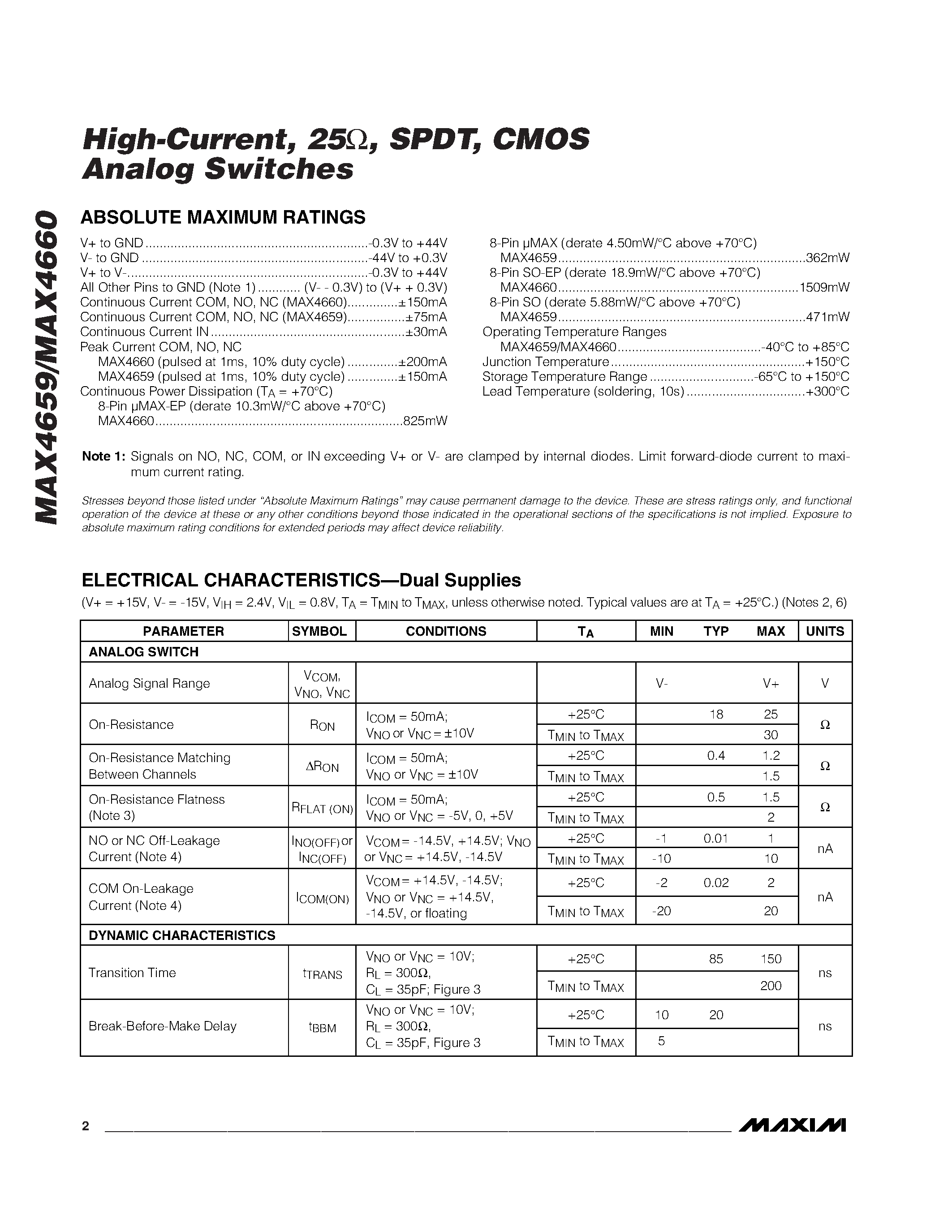 Datasheet MAX4660ESA - High-Current / 25 / SPDT / CMOS Analog Switches page 2