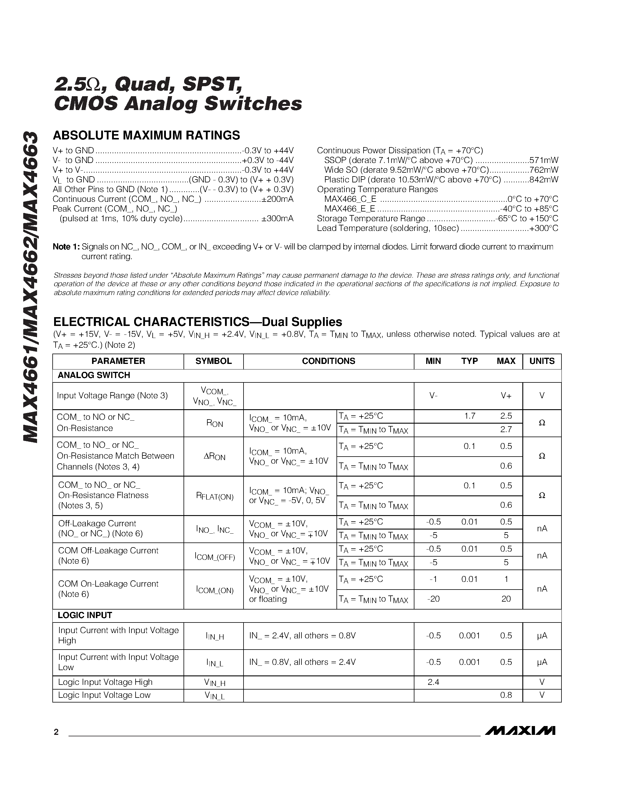 Datasheet MAX4661CWE - 2.5W / Quad / SPST / CMOS Analog Switches page 2