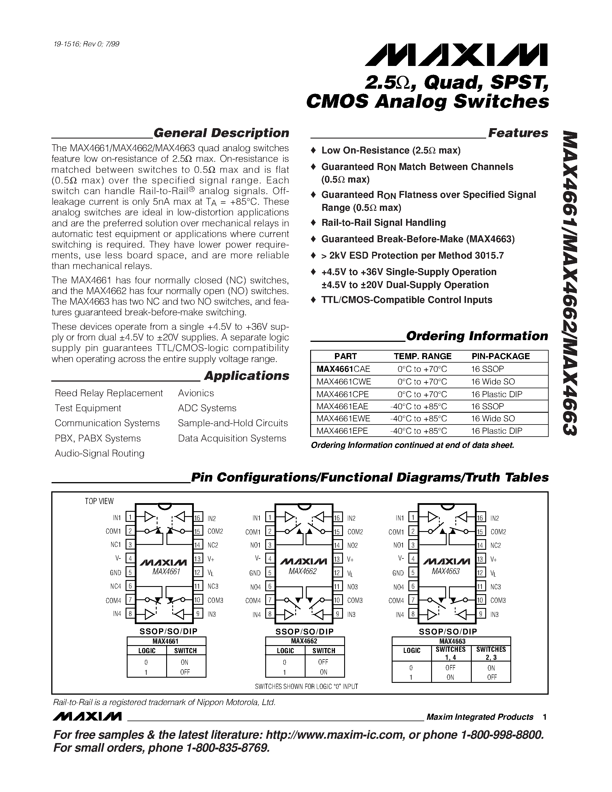 Datasheet MAX4662CPE - 2.5W / Quad / SPST / CMOS Analog Switches page 1