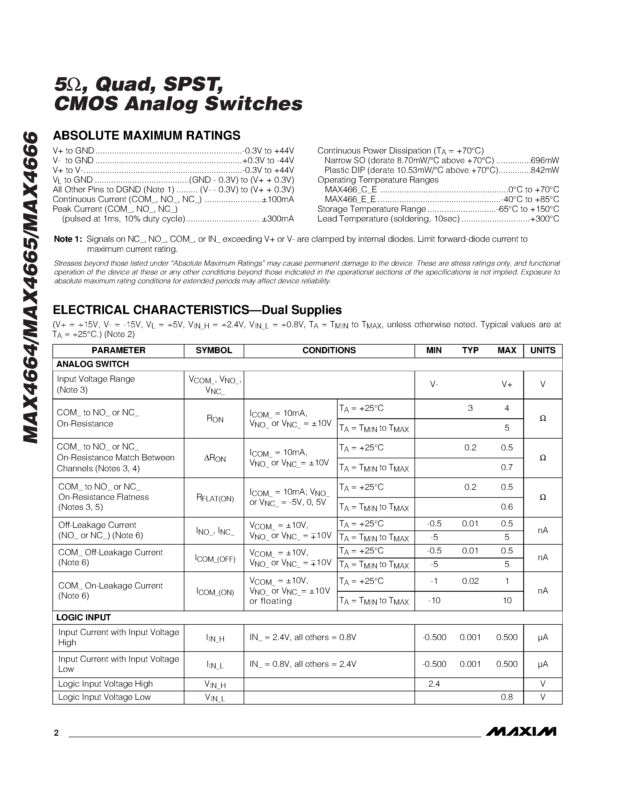 Datasheet MAX4665CPE page 2 Datasheet MAX4665CPE - 5 / Quad / SPST / CMOS Analog Switches page 2