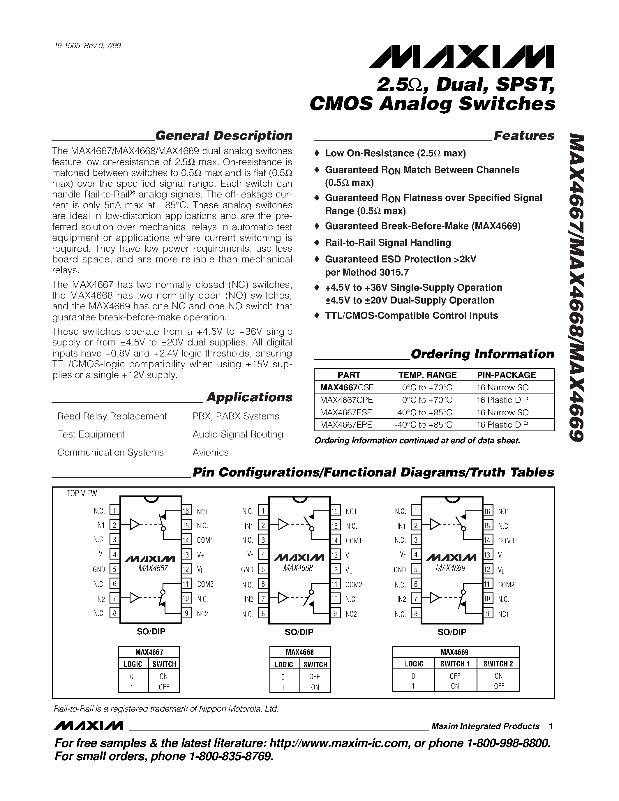 Datasheet MAX4669CPE - 2.5 / Dual / SPST / CMOS Analog Switches page 1