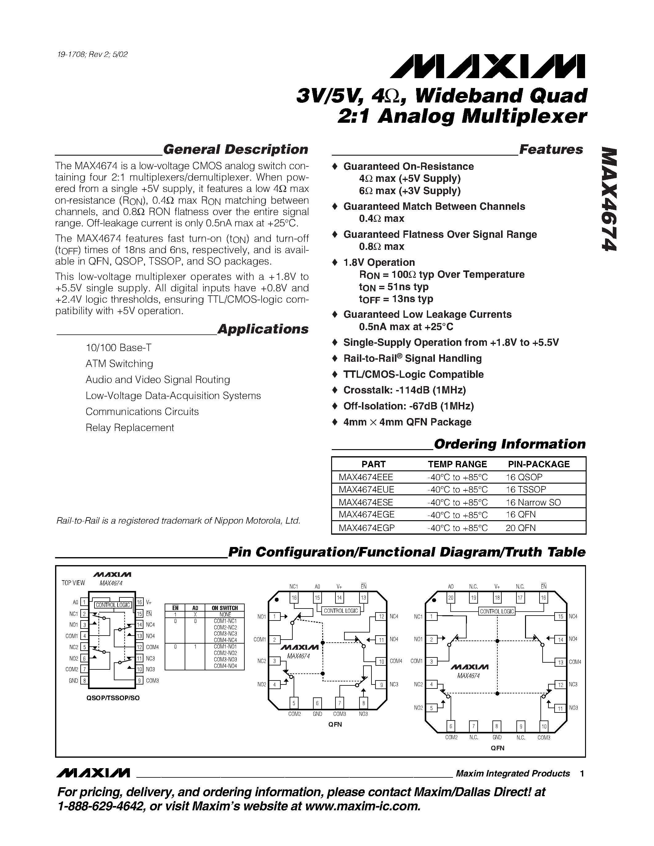 Datasheet MAX4674EGP - 3V/5V / 4 / Wideband Quad 2:1 Analog Multiplexer page 1